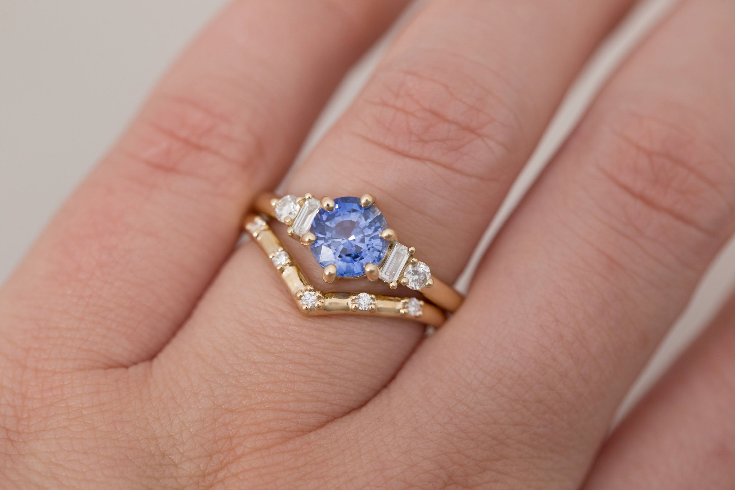 Alsea Ring | Blue Sapphire + Baguette and Round Diamond Accent Engagement Ring 1.63 ct | 14k Recycled Gold | One of a Kind