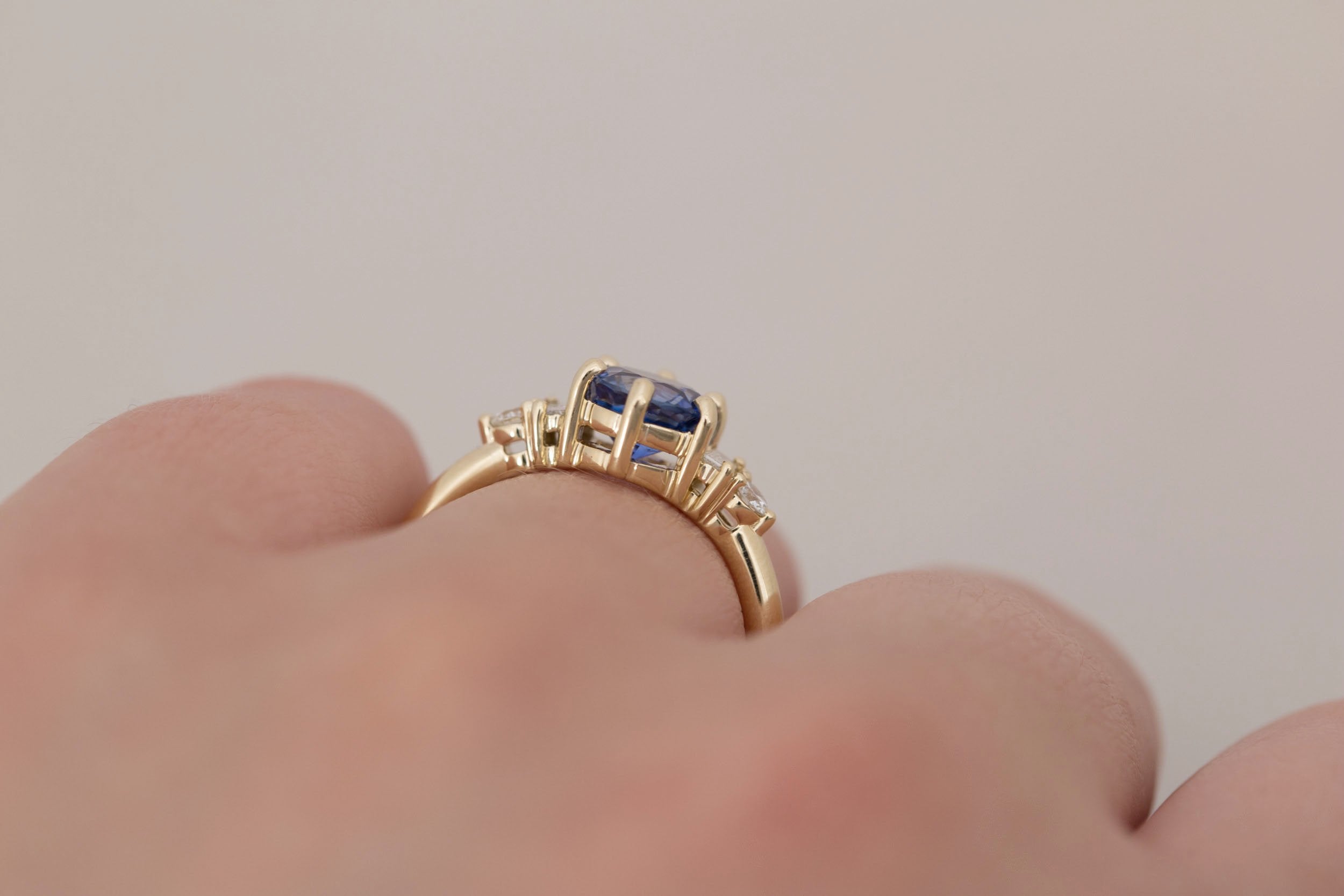Alsea Ring | Blue Sapphire + Baguette and Round Diamond Accent Engagement Ring 1.63 ct | 14k Recycled Gold | One of a Kind