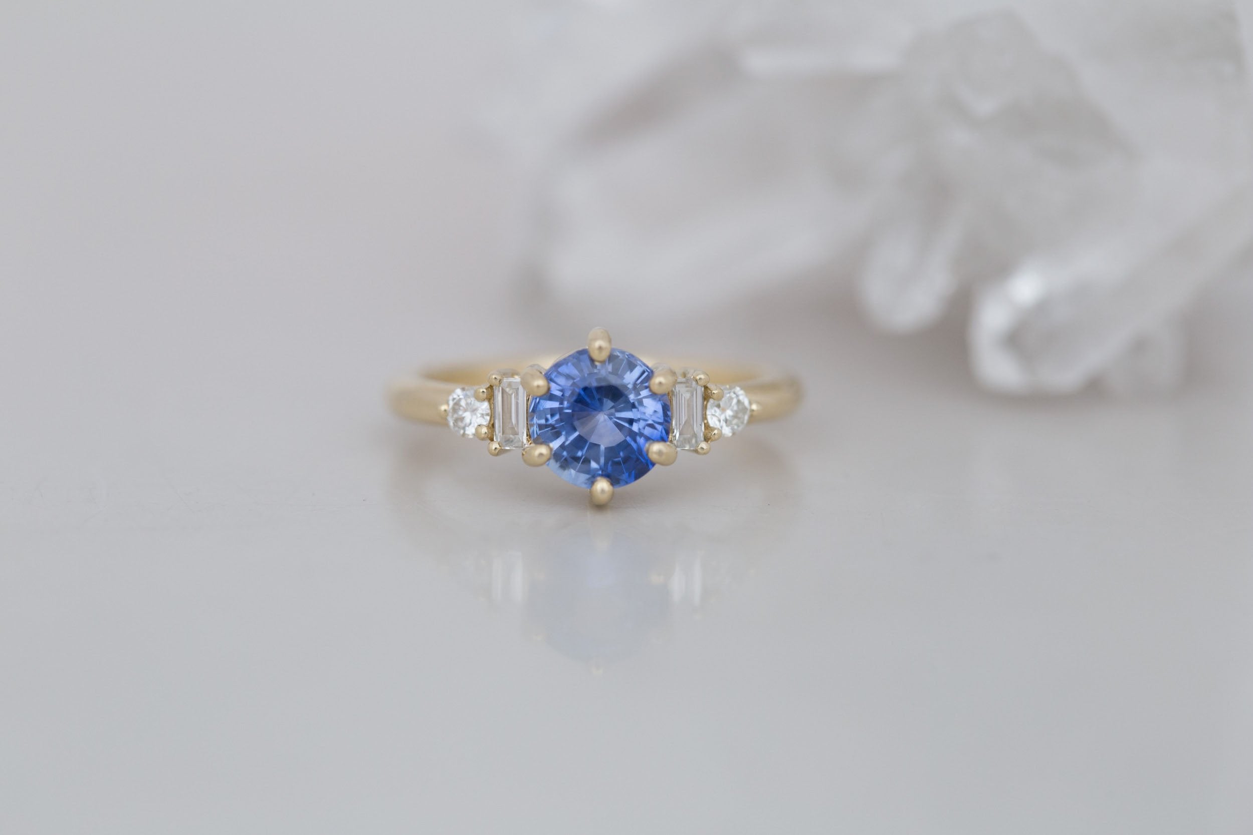 Alsea Ring | Blue Sapphire + Baguette and Round Diamond Accent Engagement Ring 1.63 ct | 14k Recycled Gold | One of a Kind