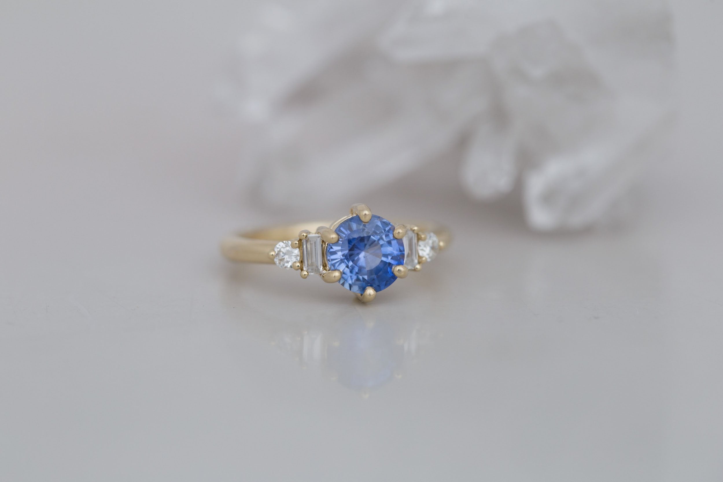 Alsea Ring | Blue Sapphire + Baguette and Round Diamond Accent Engagement Ring 1.63 ct | 14k Recycled Gold | One of a Kind