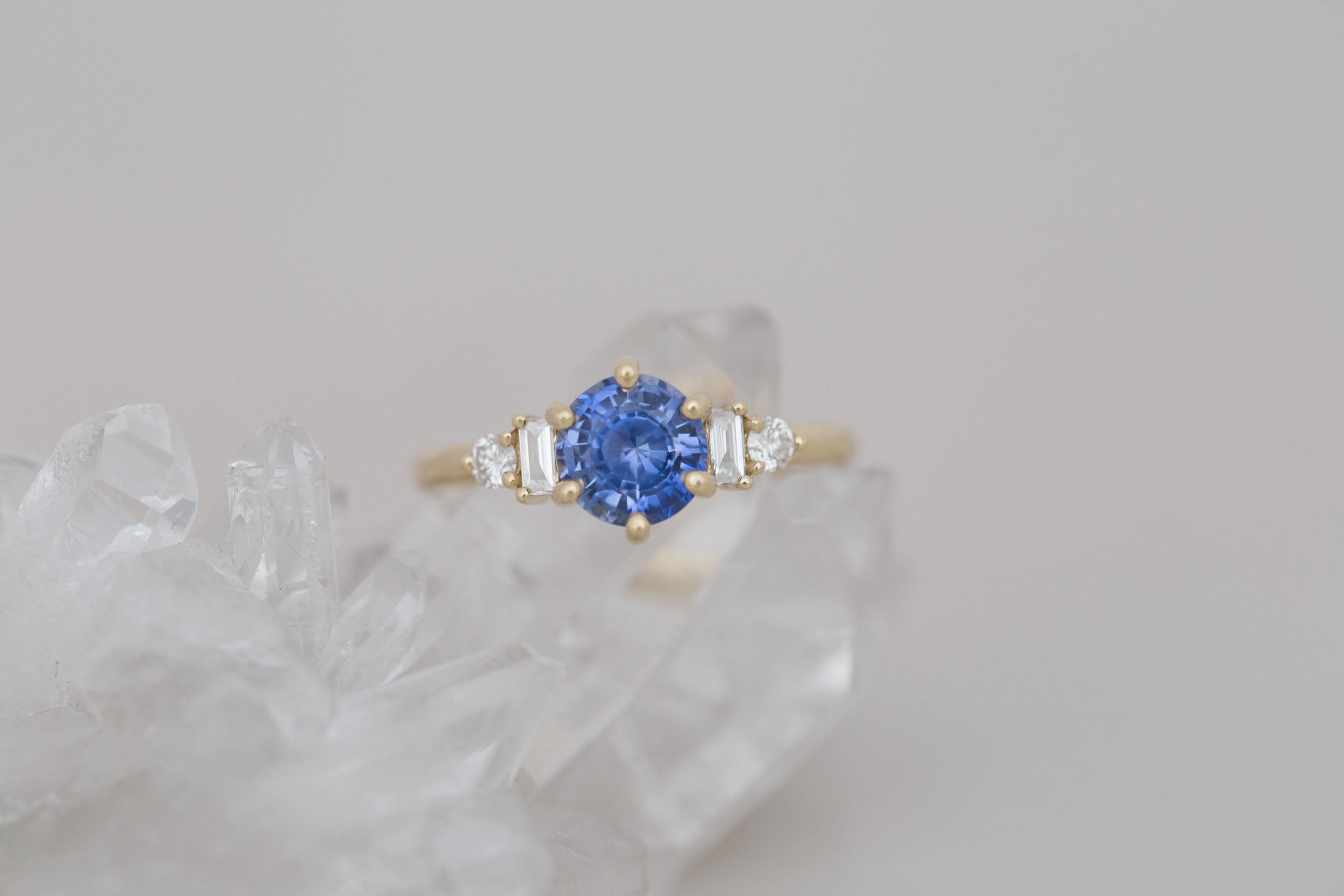 Alsea Ring | Blue Sapphire + Baguette and Round Diamond Accent Engagement Ring 1.63 ct | 14k Recycled Gold | One of a Kind
