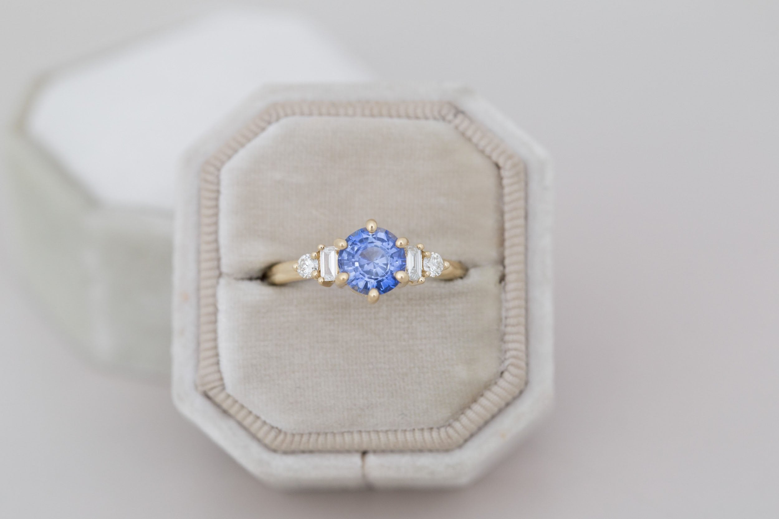 Alsea Ring | Blue Sapphire + Baguette and Round Diamond Accent Engagement Ring 1.63 ct | 14k Recycled Gold | One of a Kind