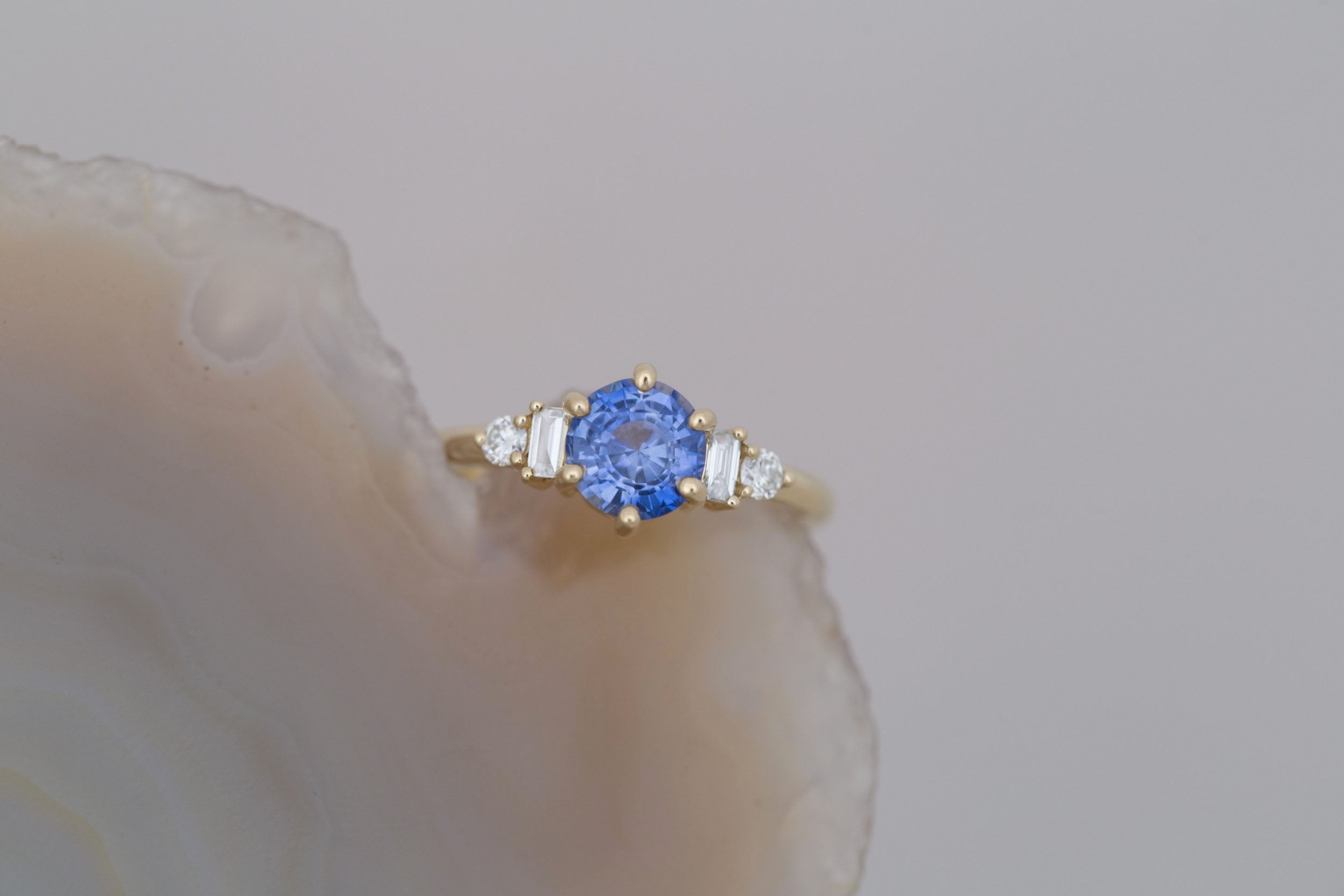 Alsea Ring | Blue Sapphire + Baguette and Round Diamond Accent Engagement Ring 1.63 ct | 14k Recycled Gold | One of a Kind