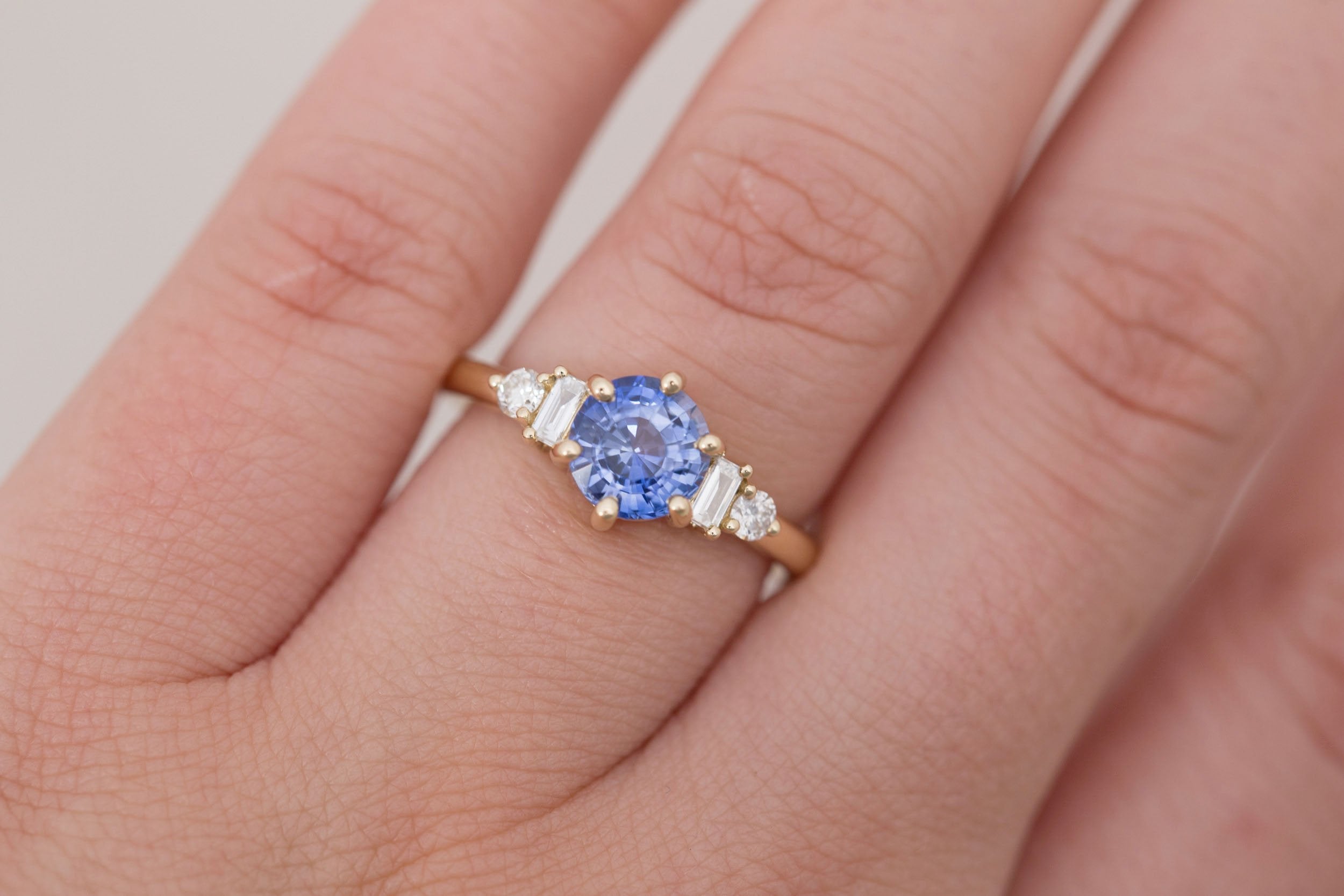 Alsea Ring | Blue Sapphire + Baguette and Round Diamond Accent Engagement Ring 1.63 ct | 14k Recycled Gold | One of a Kind
