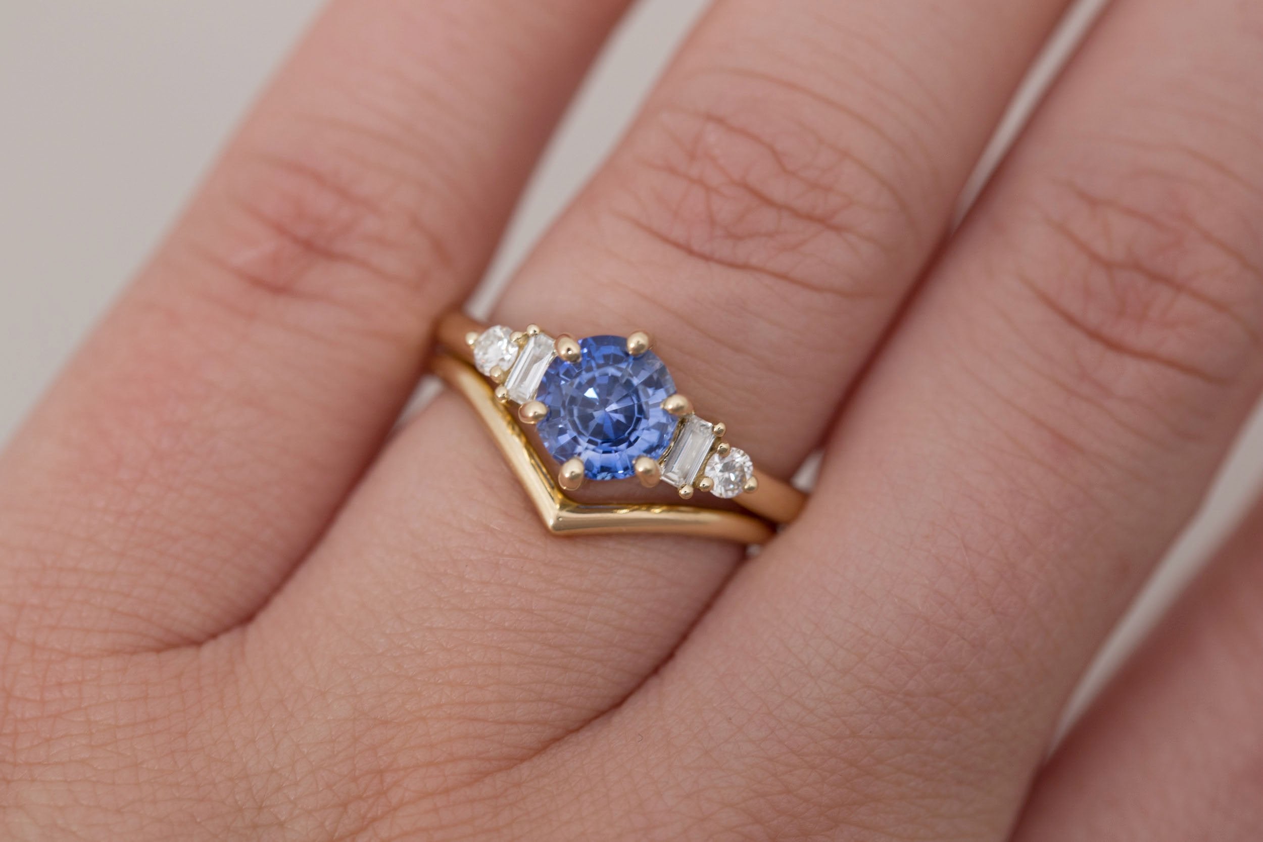 Alsea Ring | Blue Sapphire + Baguette and Round Diamond Accent Engagement Ring 1.63 ct | 14k Recycled Gold | One of a Kind