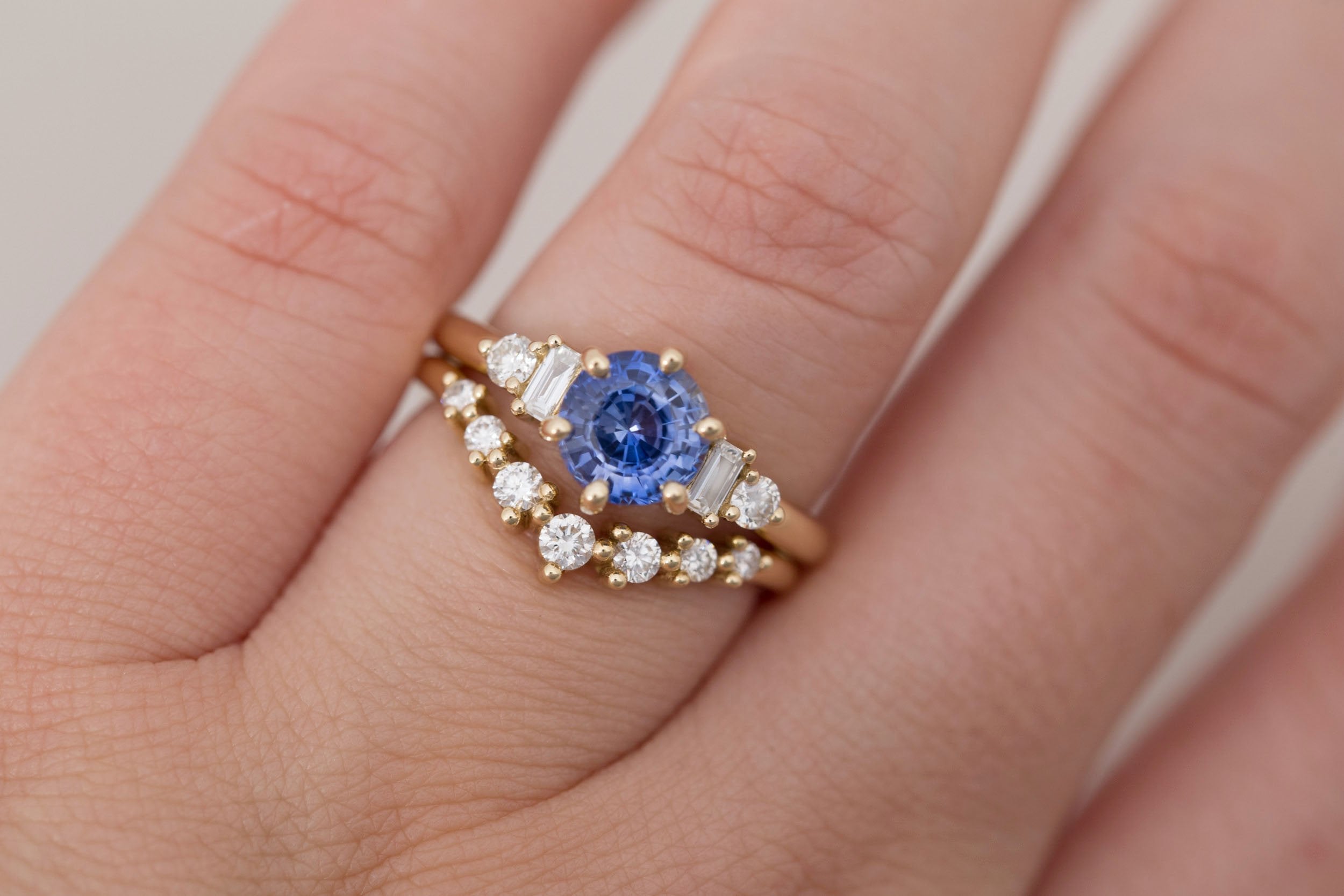 Alsea Ring | Blue Sapphire + Baguette and Round Diamond Accent Engagement Ring 1.63 ct | 14k Recycled Gold | One of a Kind