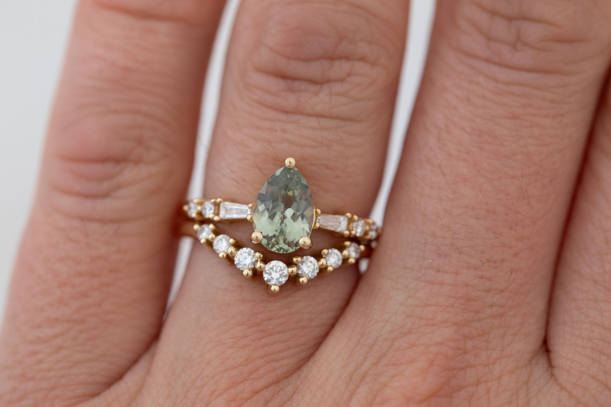 Liesel Ring | Green Pear Cut Sapphire + Diamond Baguette Accent Engagement Ring 1.63 ct | 14k Recycled Gold | One of a Kind