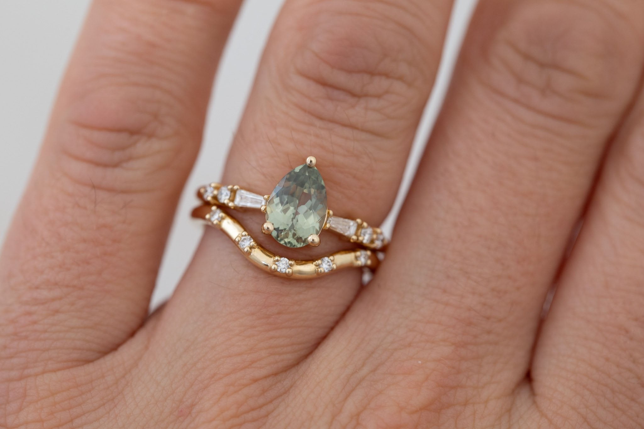 Liesel Ring | Green Pear Cut Sapphire + Diamond Baguette Accent Engagement Ring 1.63 ct | 14k Recycled Gold | One of a Kind