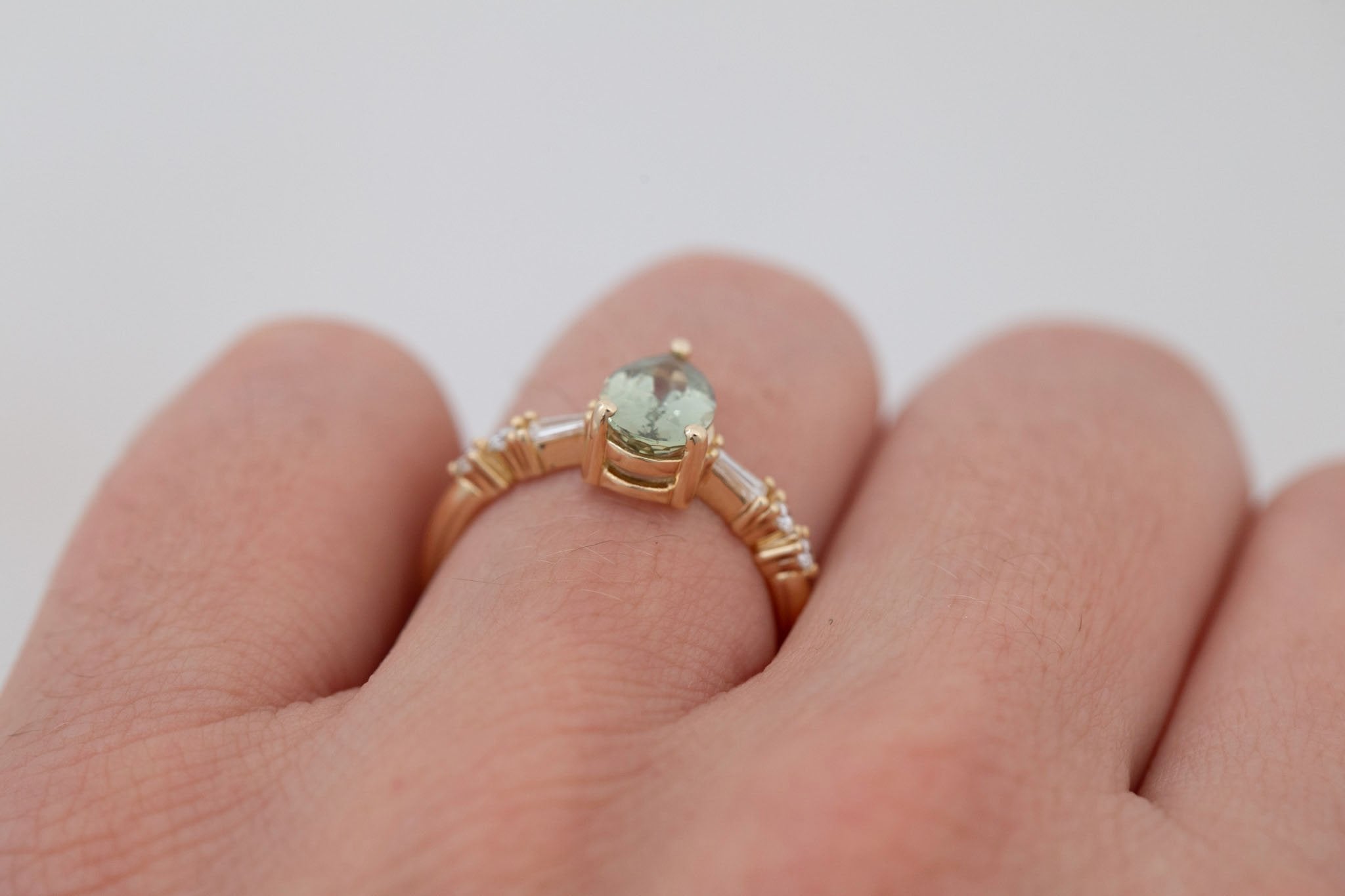 Liesel Ring | Green Pear Cut Sapphire + Diamond Baguette Accent Engagement Ring 1.63 ct | 14k Recycled Gold | One of a Kind