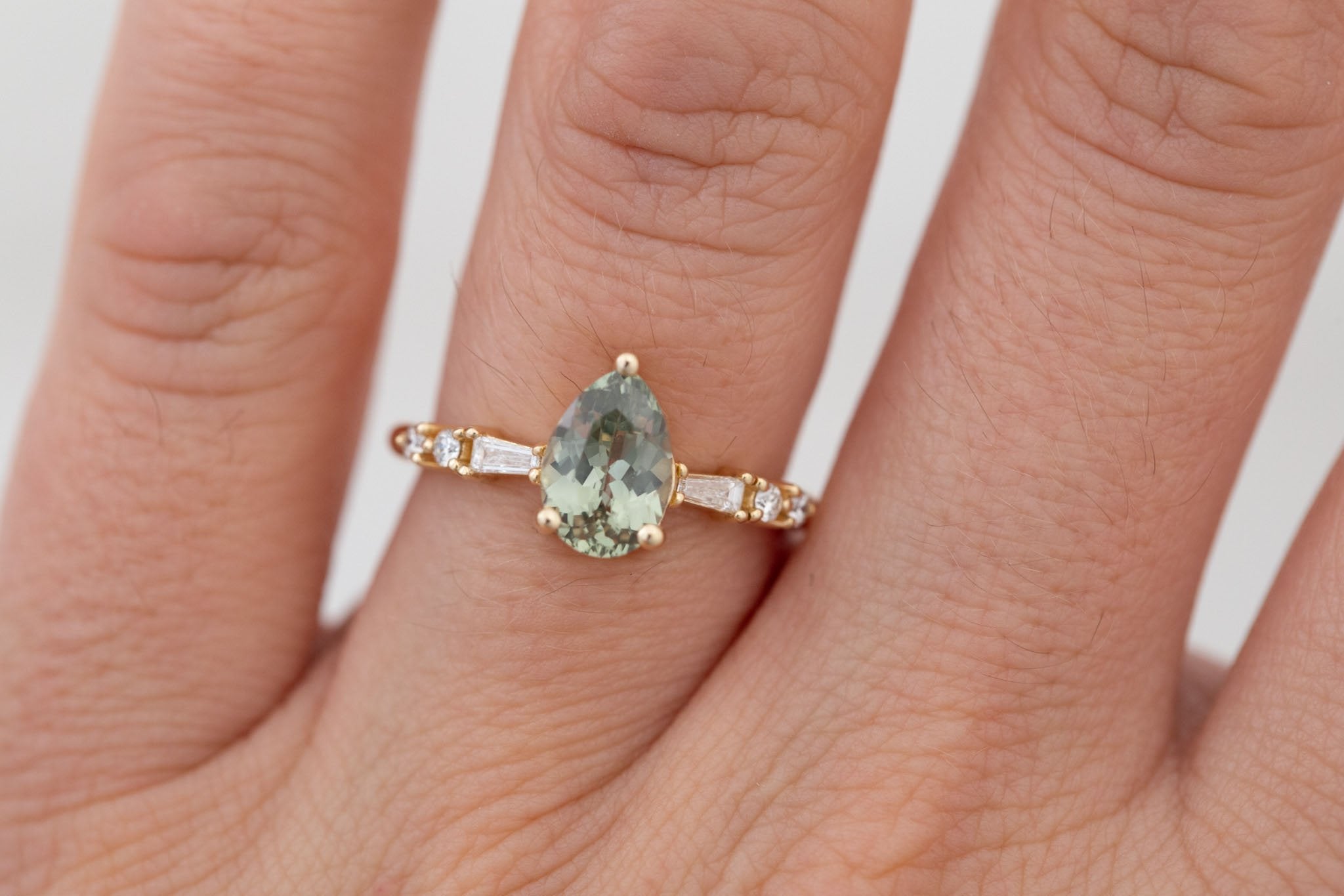 Liesel Ring | Green Pear Cut Sapphire + Diamond Baguette Accent Engagement Ring 1.63 ct | 14k Recycled Gold | One of a Kind