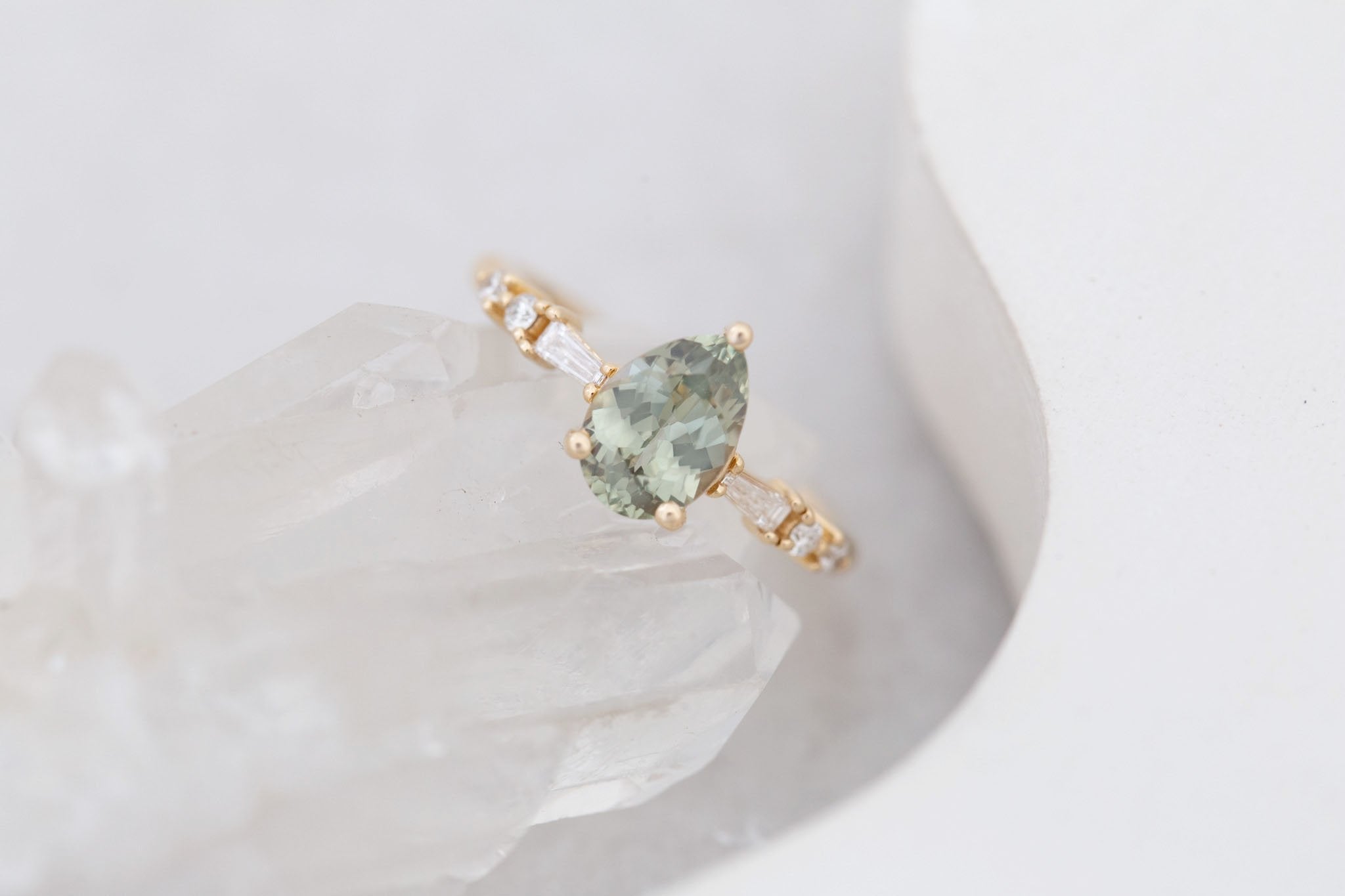 Liesel Ring | Green Pear Cut Sapphire + Diamond Baguette Accent Engagement Ring 1.63 ct | 14k Recycled Gold | One of a Kind