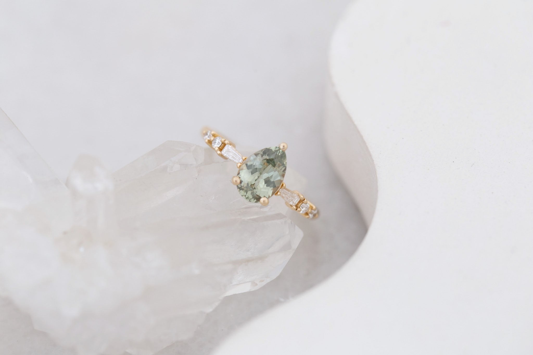 Liesel Ring | Green Pear Cut Sapphire + Diamond Baguette Accent Engagement Ring 1.63 ct | 14k Recycled Gold | One of a Kind