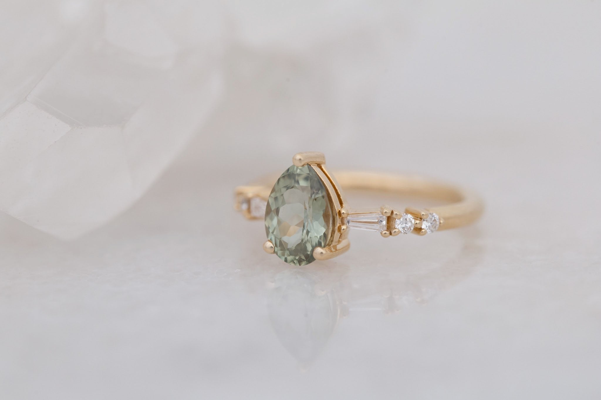 Liesel Ring | Green Pear Cut Sapphire + Diamond Baguette Accent Engagement Ring 1.63 ct | 14k Recycled Gold | One of a Kind