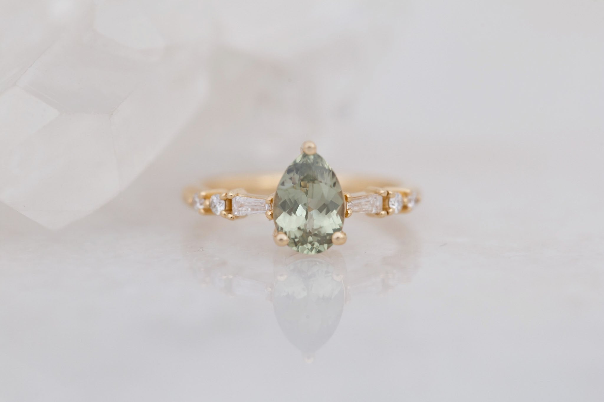 Liesel Ring | Green Pear Cut Sapphire + Diamond Baguette Accent Engagement Ring 1.63 ct | 14k Recycled Gold | One of a Kind