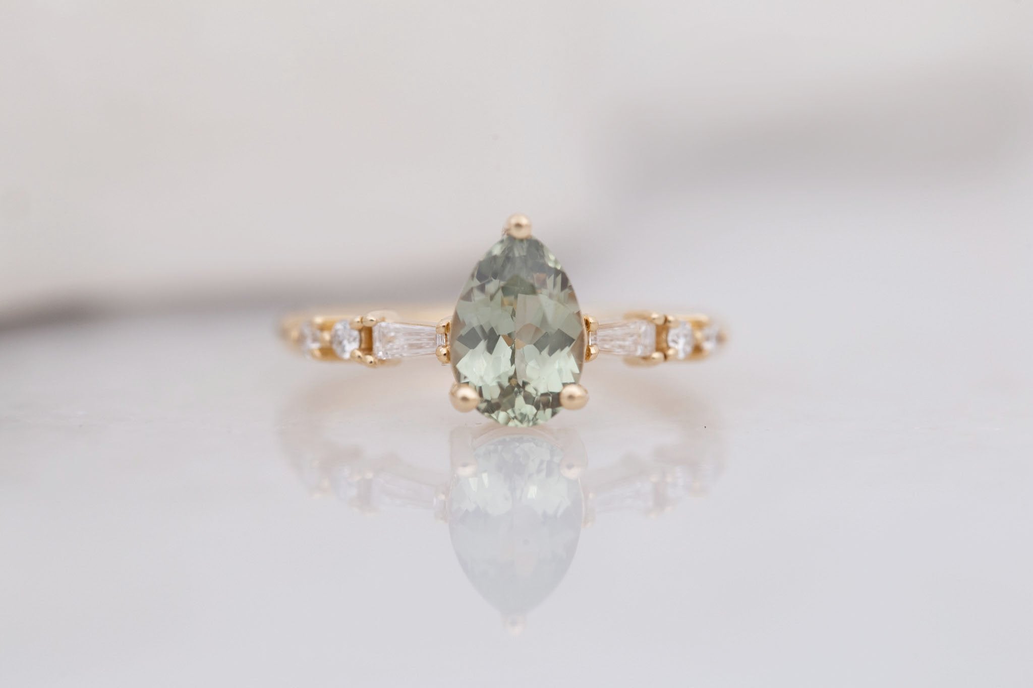 Liesel Ring | Green Pear Cut Sapphire + Diamond Baguette Accent Engagement Ring 1.63 ct | 14k Recycled Gold | One of a Kind