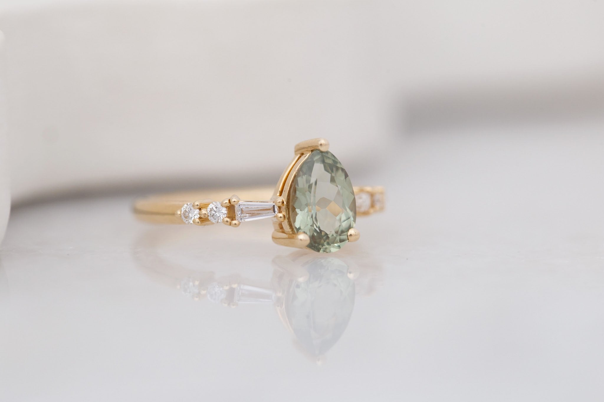 Liesel Ring | Green Pear Cut Sapphire + Diamond Baguette Accent Engagement Ring 1.63 ct | 14k Recycled Gold | One of a Kind