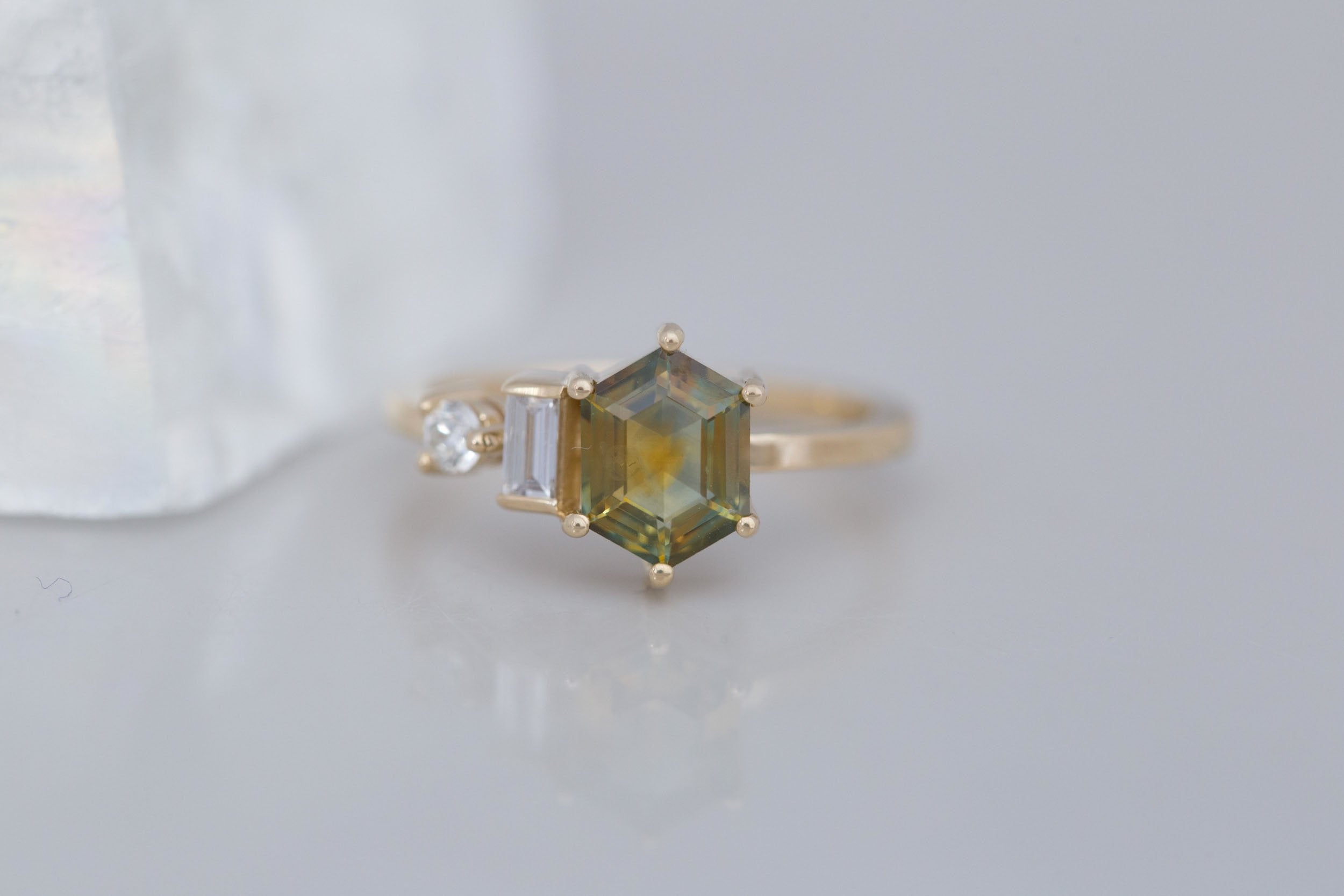 Sireli Ring | Hexagon Bicolor Montana Sapphire + Diamond Cluster Engagement Ring 1.63 ct | 14k Recycled Gold | One of a Kind