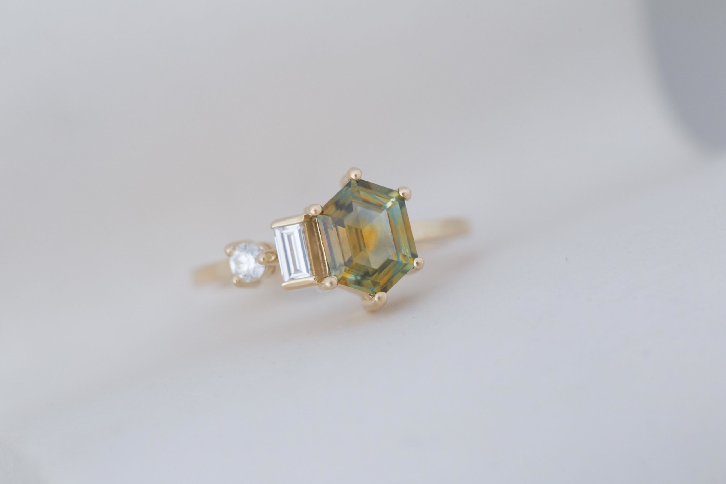 Sireli Ring | Hexagon Bicolor Montana Sapphire + Diamond Cluster Engagement Ring 1.63 ct | 14k Recycled Gold | One of a Kind