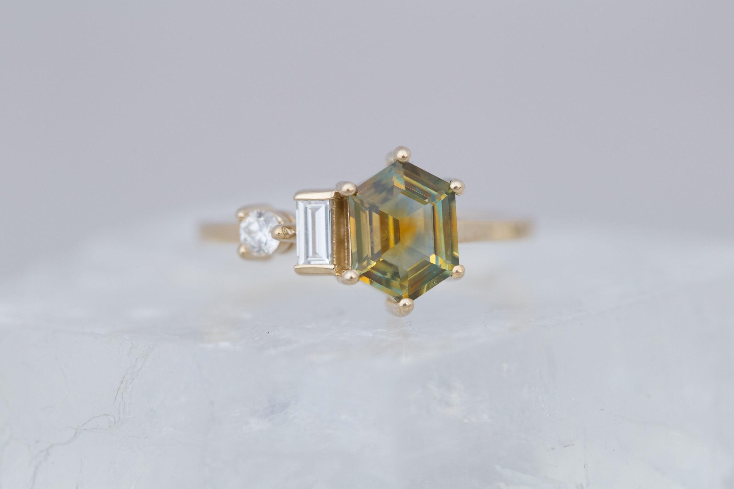 Sireli Ring | Hexagon Bicolor Montana Sapphire + Diamond Cluster Engagement Ring 1.63 ct | 14k Recycled Gold | One of a Kind