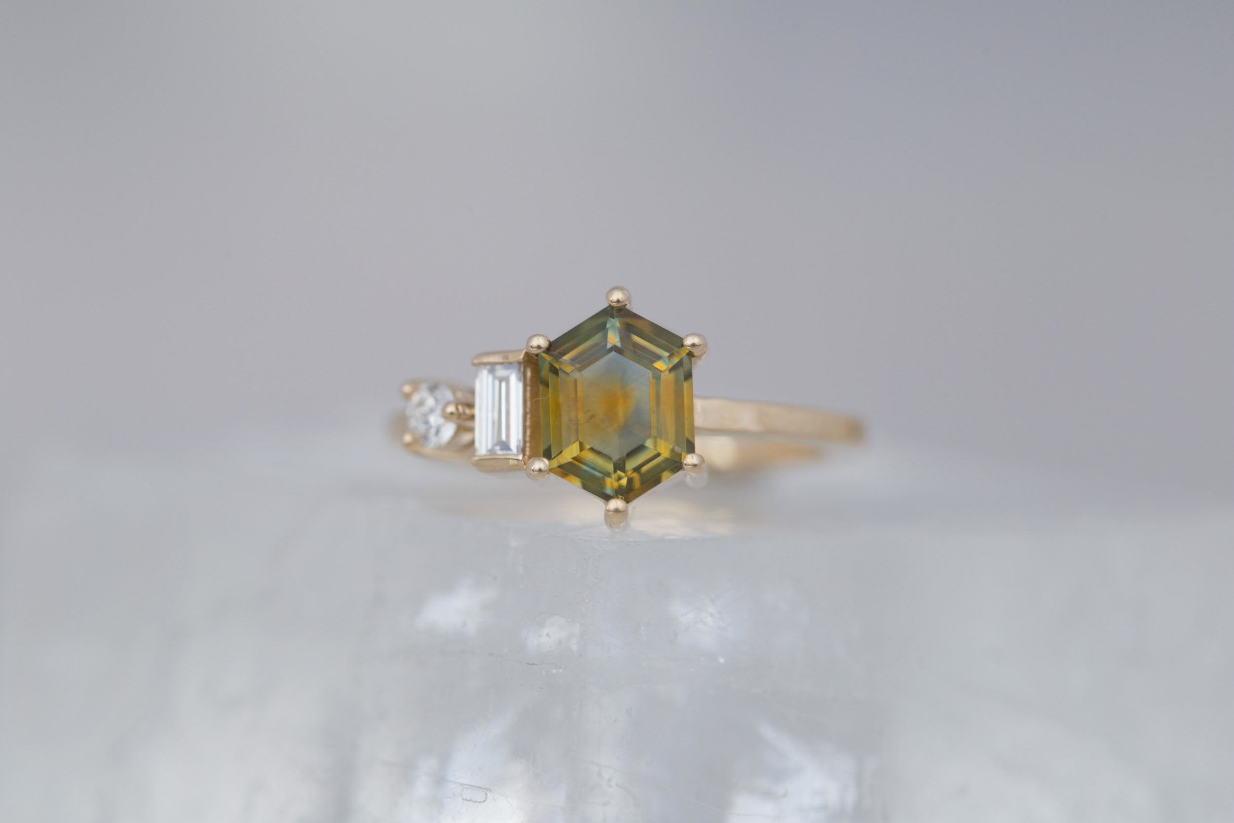Sireli Ring | Hexagon Bicolor Montana Sapphire + Diamond Cluster Engagement Ring 1.63 ct | 14k Recycled Gold | One of a Kind
