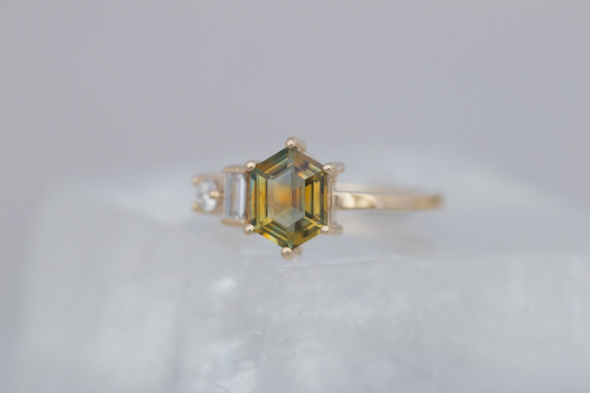 Sireli Ring | Hexagon Bicolor Montana Sapphire + Diamond Cluster Engagement Ring 1.63 ct | 14k Recycled Gold | One of a Kind