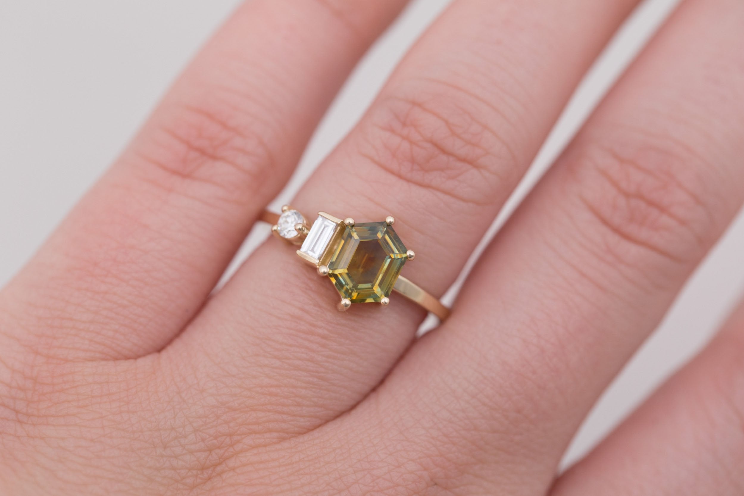 Sireli Ring | Hexagon Bicolor Montana Sapphire + Diamond Cluster Engagement Ring 1.63 ct | 14k Recycled Gold | One of a Kind