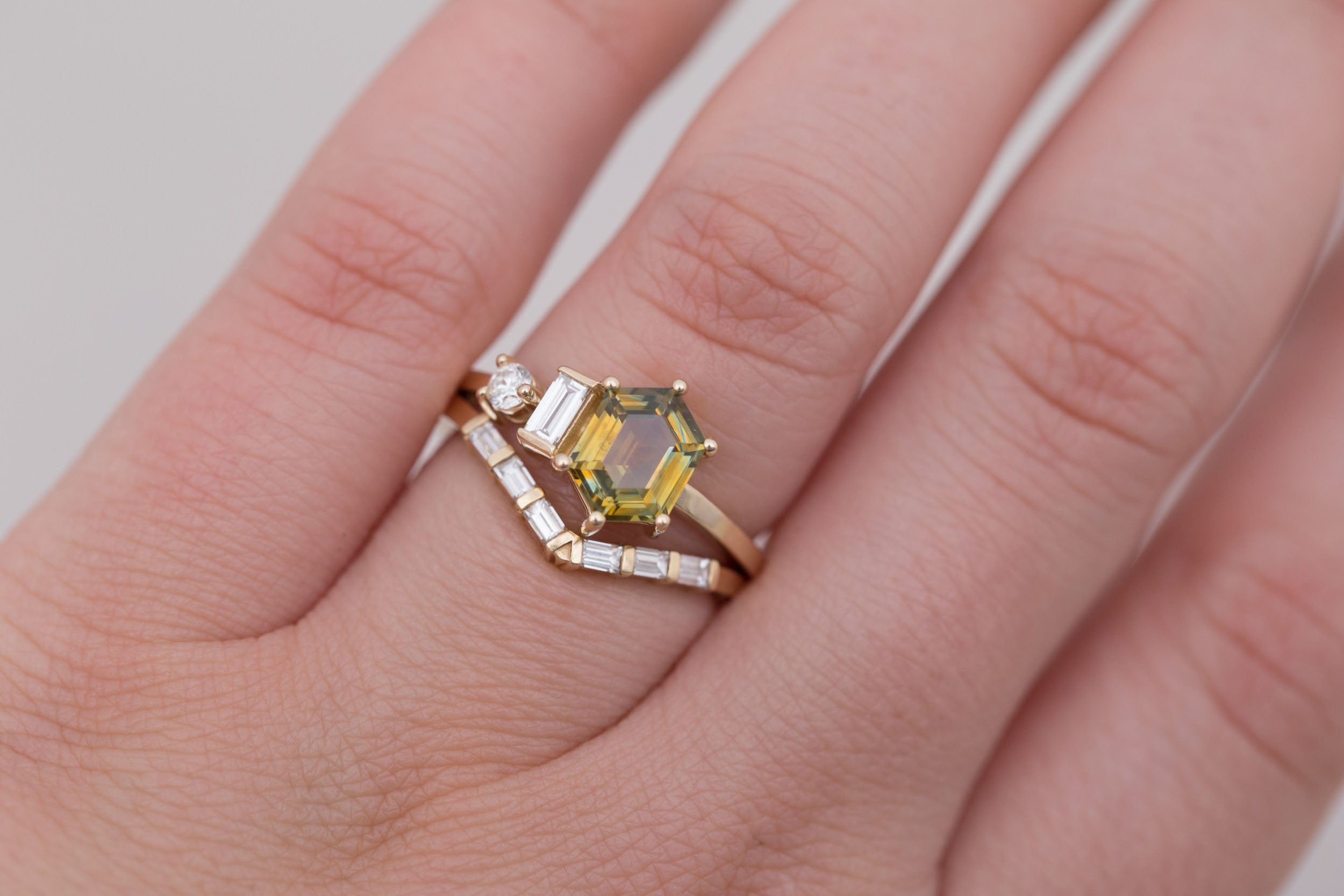 Sireli Ring | Hexagon Bicolor Montana Sapphire + Diamond Cluster Engagement Ring 1.63 ct | 14k Recycled Gold | One of a Kind