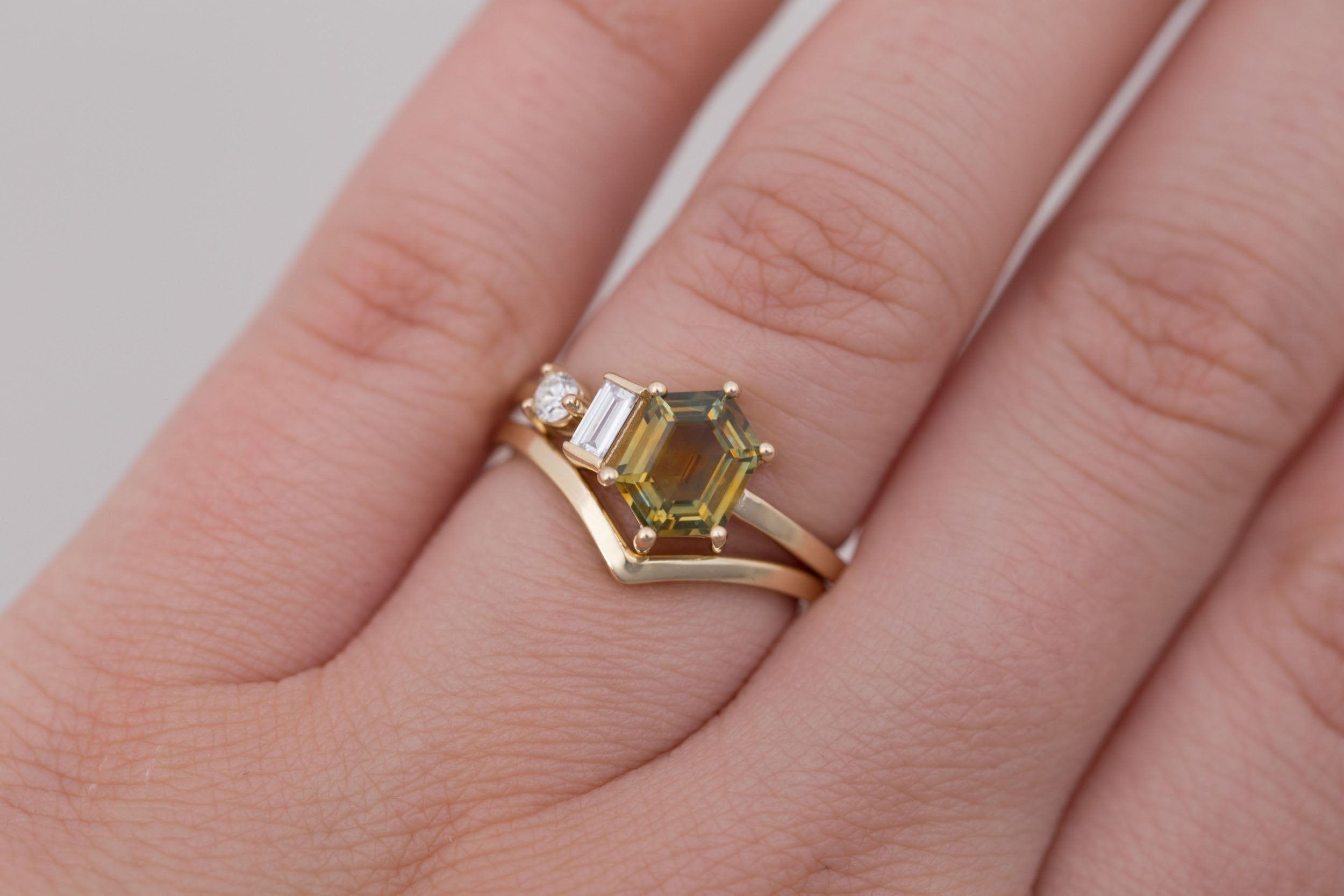 Sireli Ring | Hexagon Bicolor Montana Sapphire + Diamond Cluster Engagement Ring 1.63 ct | 14k Recycled Gold | One of a Kind