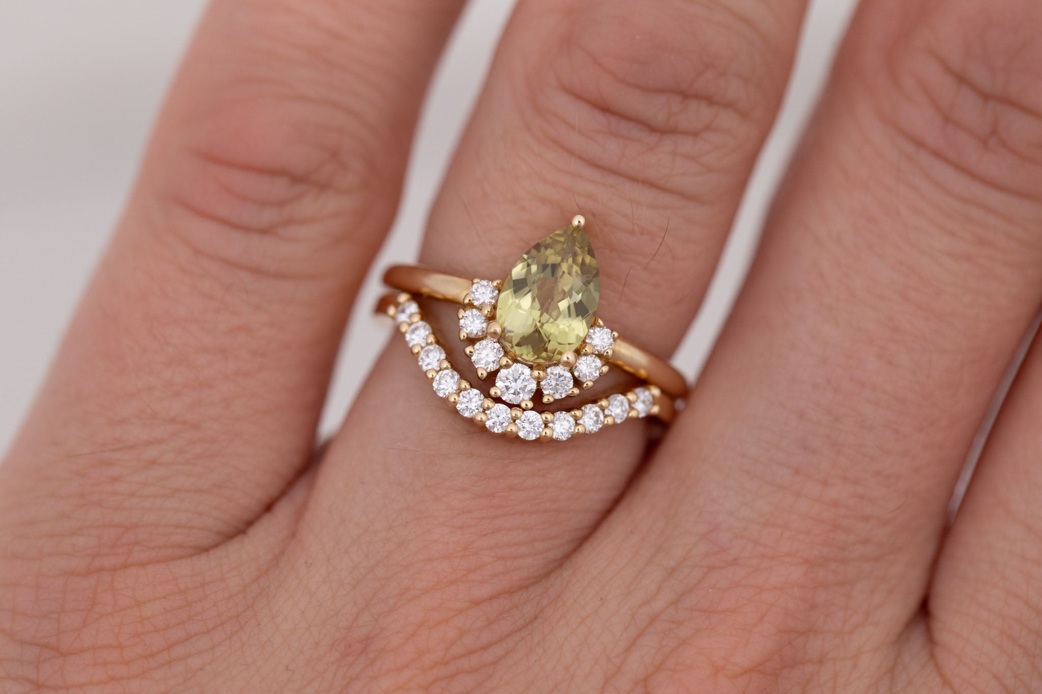 Laurel Ring | Green Pear Cut Sapphire + Diamond Cluster Engagement Ring 1.35 ct | 14k Recycled Gold