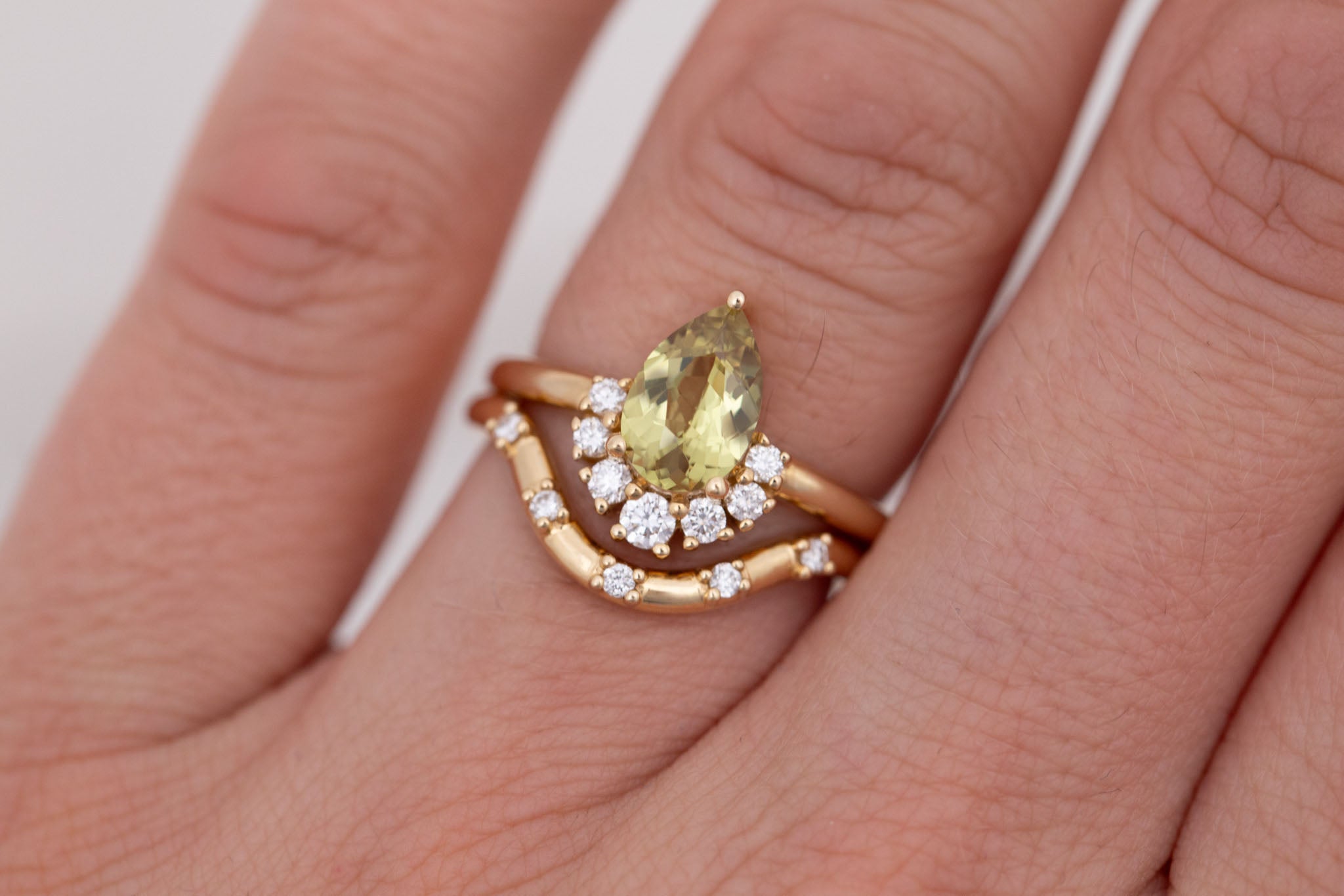 Laurel Ring | Green Pear Cut Sapphire + Diamond Cluster Engagement Ring 1.35 ct | 14k Recycled Gold