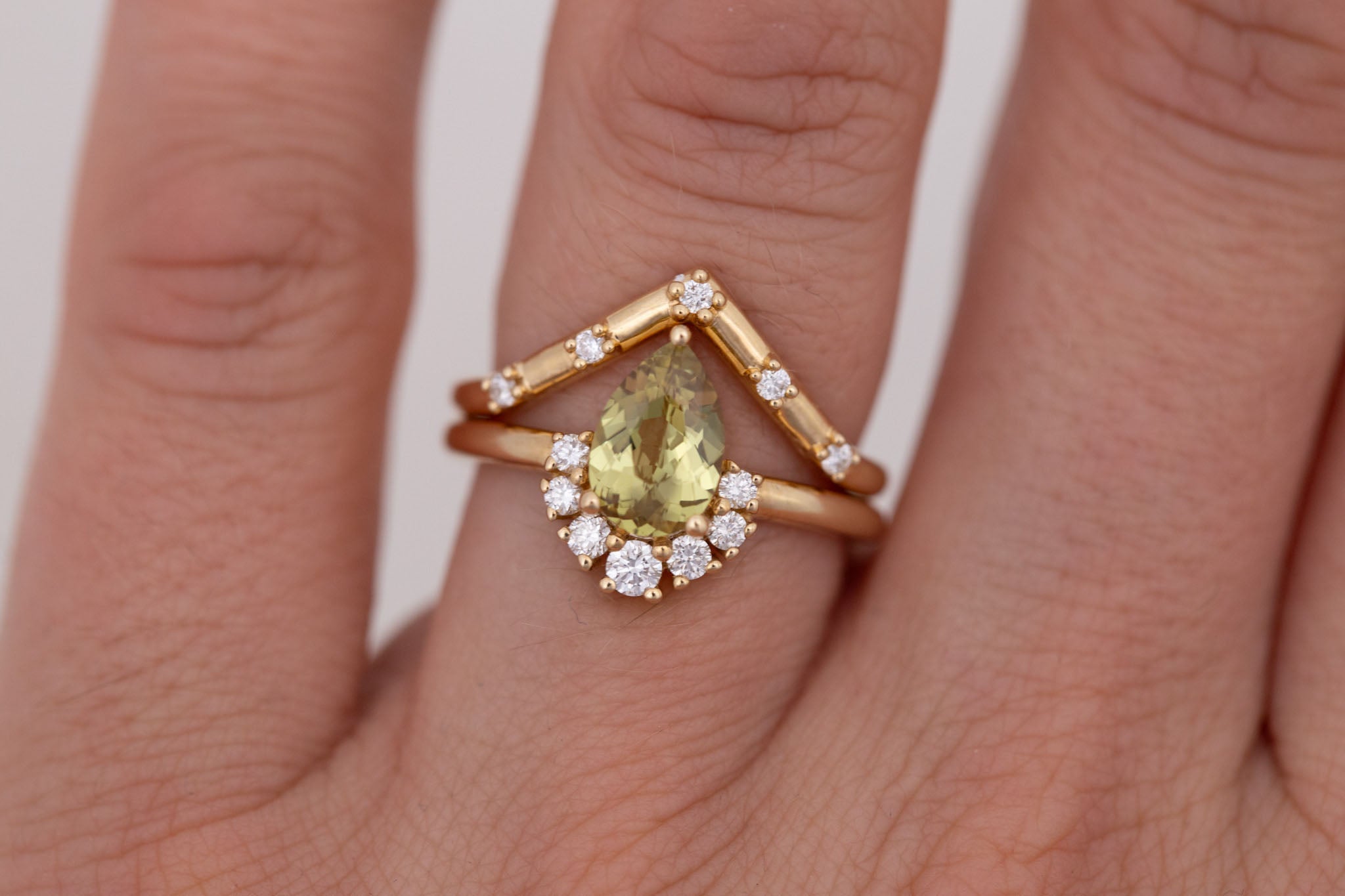 Laurel Ring | Green Pear Cut Sapphire + Diamond Cluster Engagement Ring 1.35 ct | 14k Recycled Gold