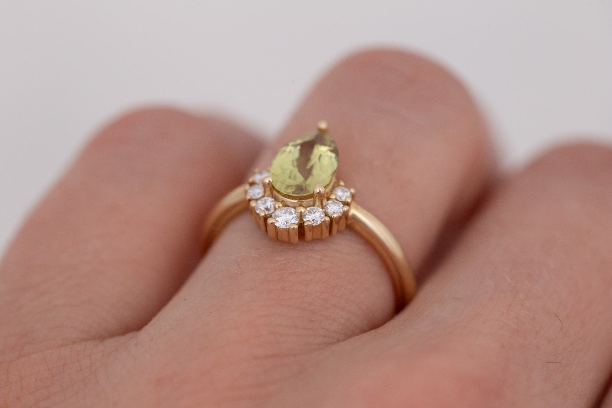 Laurel Ring | Green Pear Cut Sapphire + Diamond Cluster Engagement Ring 1.35 ct | 14k Recycled Gold