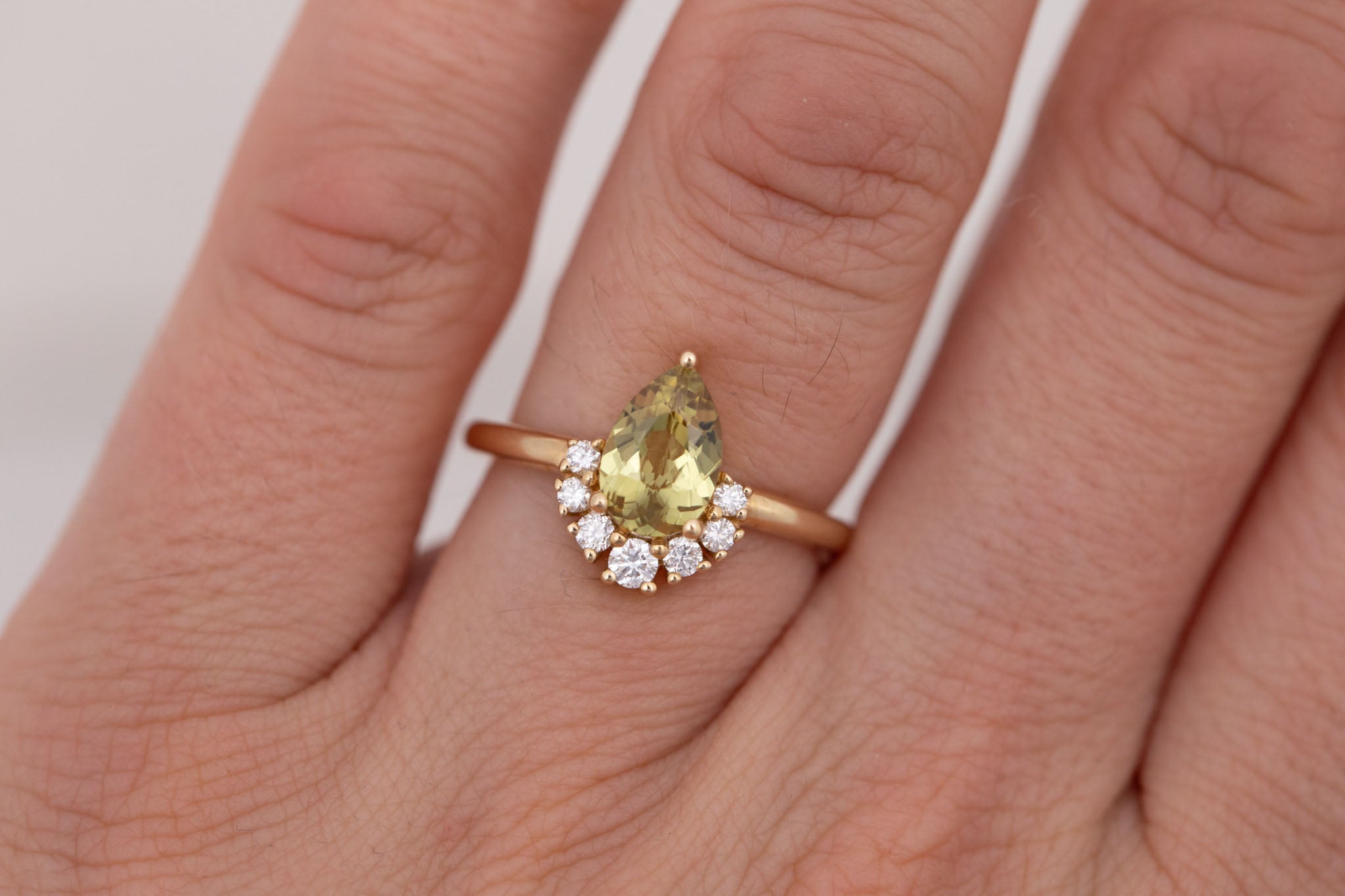 Laurel Ring | Green Pear Cut Sapphire + Diamond Cluster Engagement Ring 1.35 ct | 14k Recycled Gold