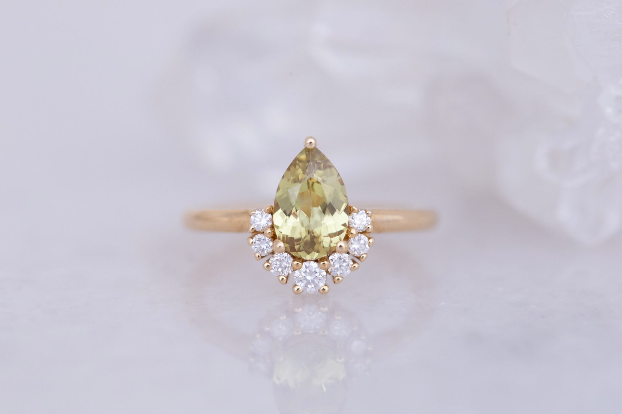 Laurel Ring | Green Pear Cut Sapphire + Diamond Cluster Engagement Ring 1.35 ct | 14k Recycled Gold