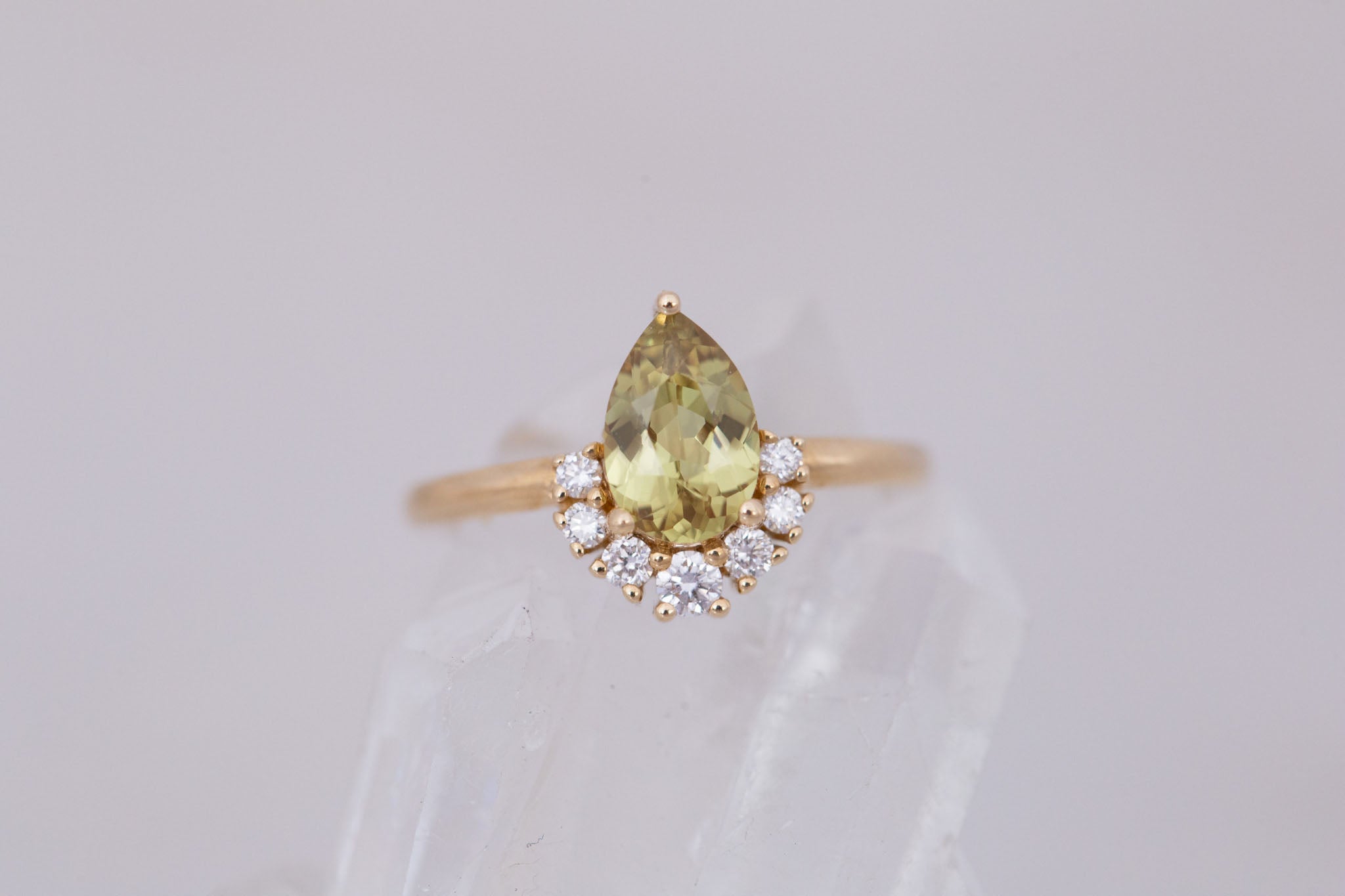 Laurel Ring | Green Pear Cut Sapphire + Diamond Cluster Engagement Ring 1.35 ct | 14k Recycled Gold