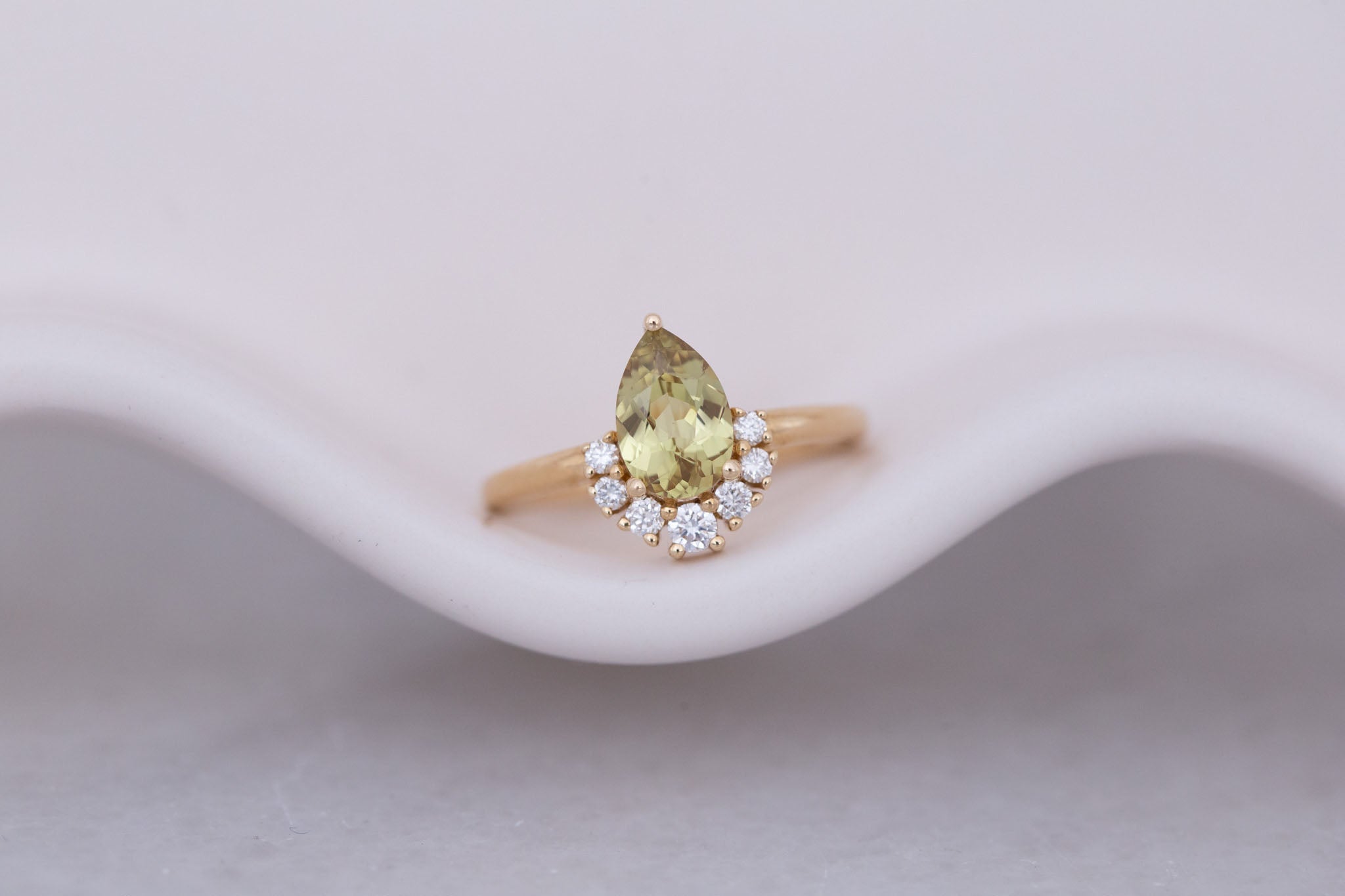 Laurel Ring | Green Pear Cut Sapphire + Diamond Cluster Engagement Ring 1.35 ct | 14k Recycled Gold