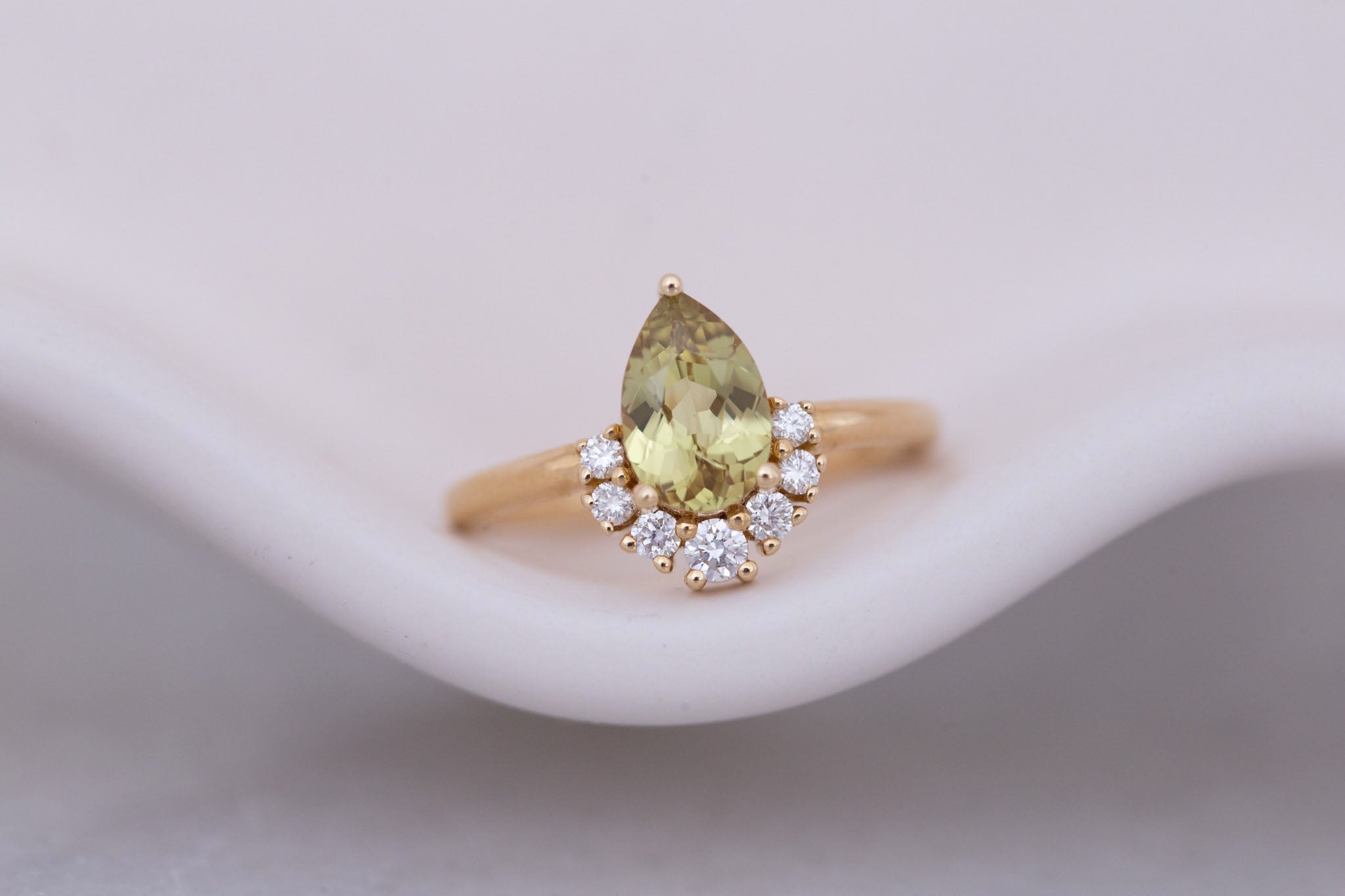 Laurel Ring | Green Pear Cut Sapphire + Diamond Cluster Engagement Ring 1.35 ct | 14k Recycled Gold