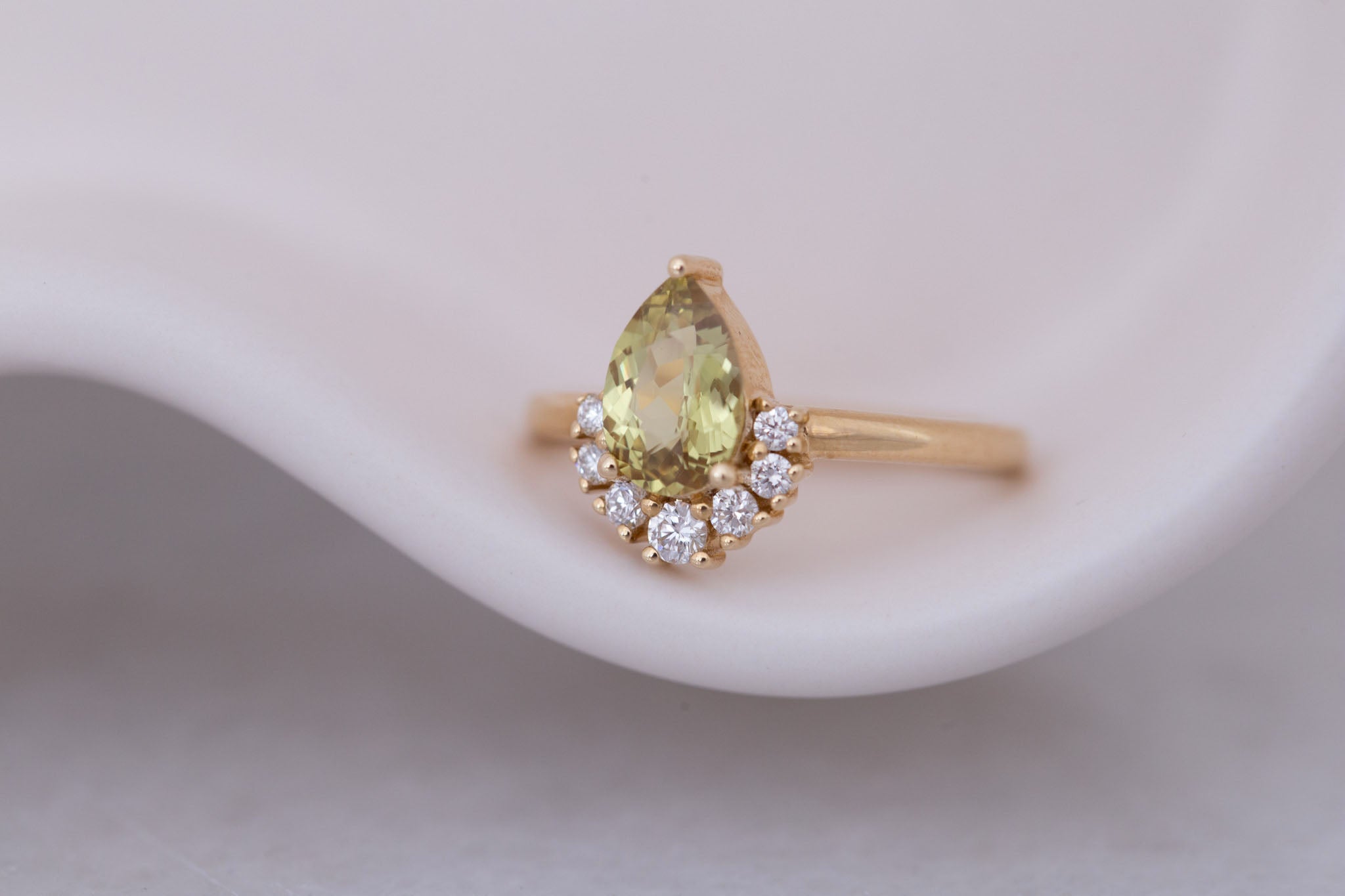 Laurel Ring | Green Pear Cut Sapphire + Diamond Cluster Engagement Ring 1.35 ct | 14k Recycled Gold