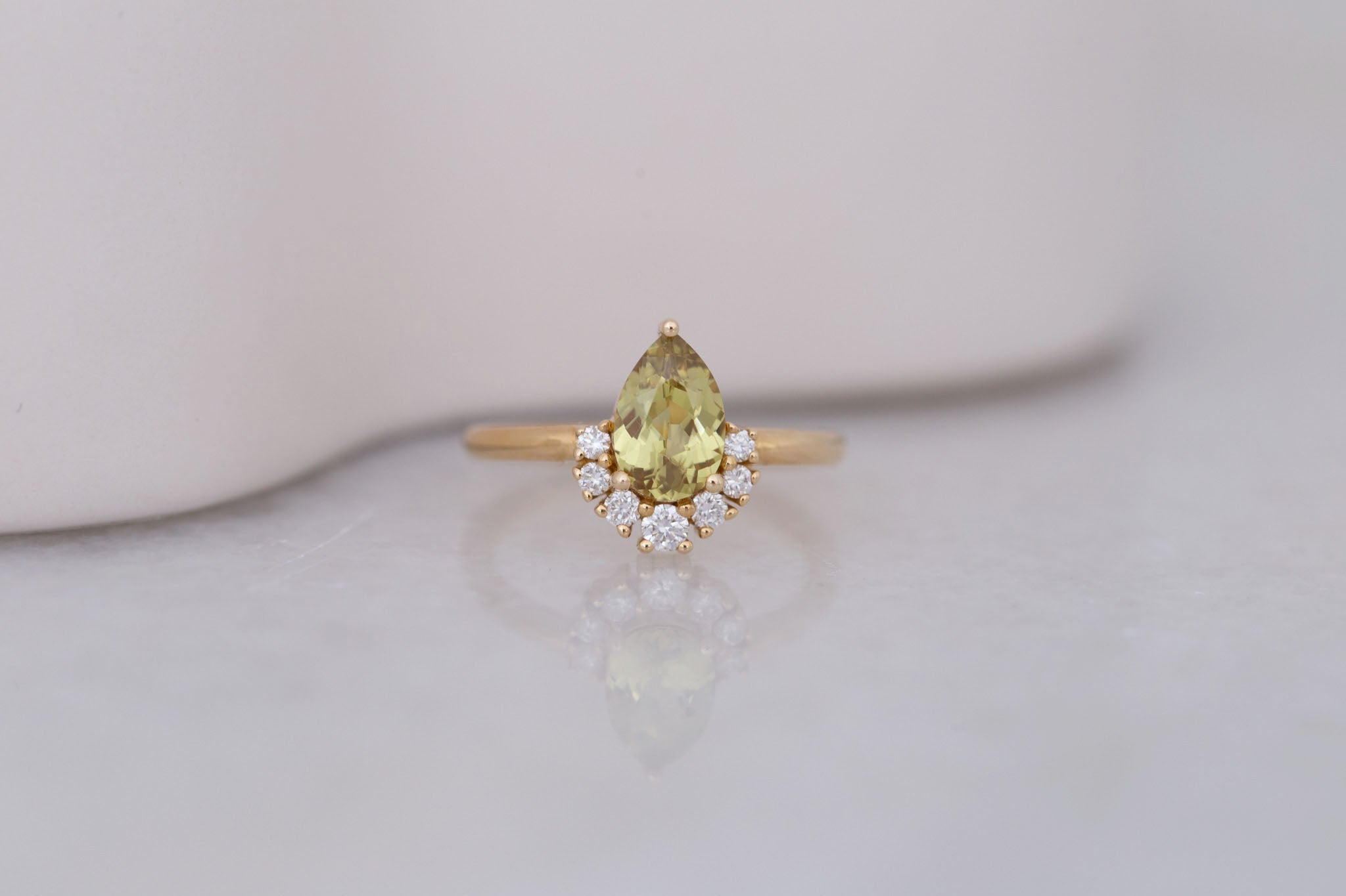 Laurel Ring | Green Pear Cut Sapphire + Diamond Cluster Engagement Ring 1.35 ct | 14k Recycled Gold