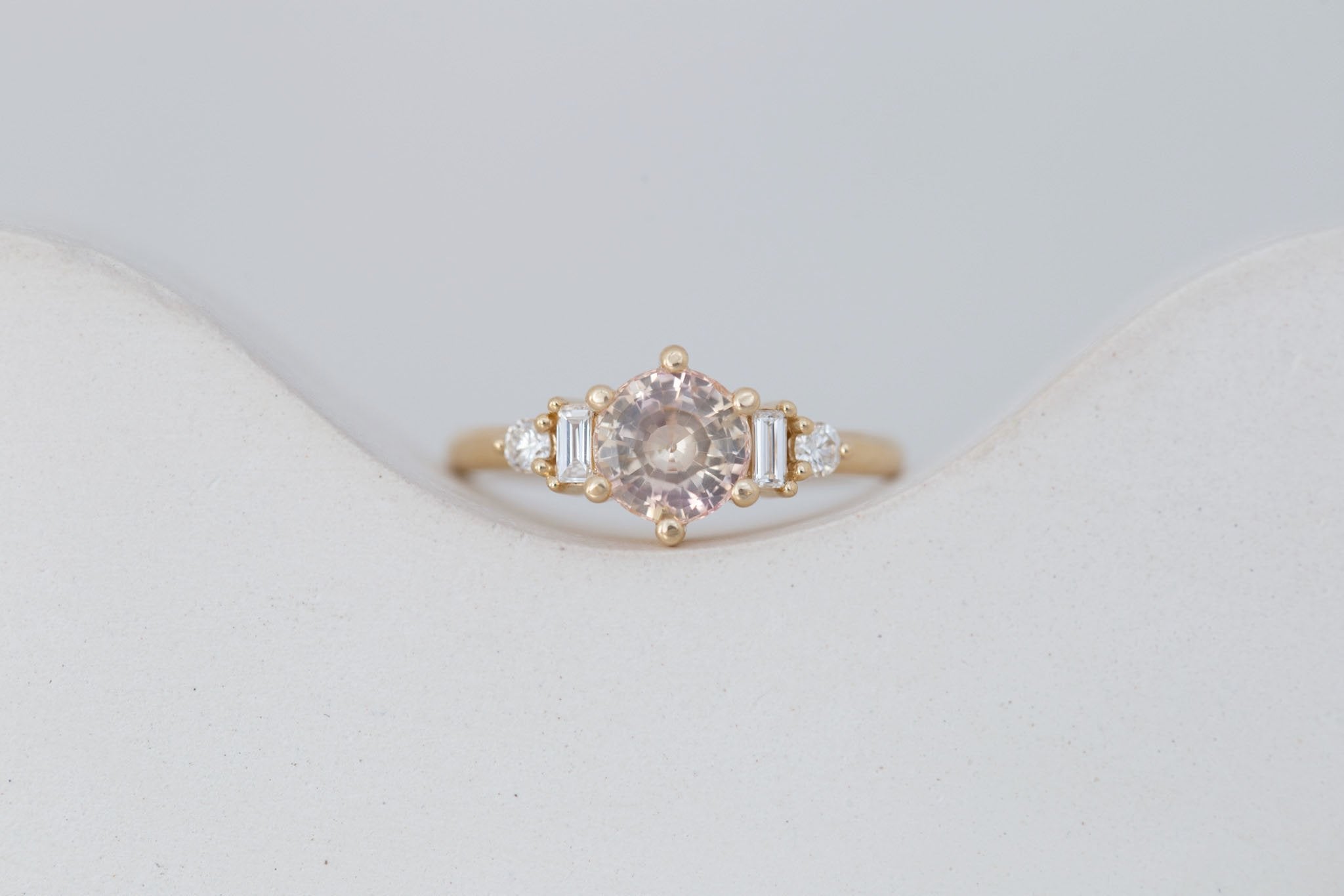 Alsea Ring | Peach Bicolor Sapphire + Baguette and Round Diamond Accent Engagement Ring 1.64 ct | 14k Recycled Gold | One of a Kind