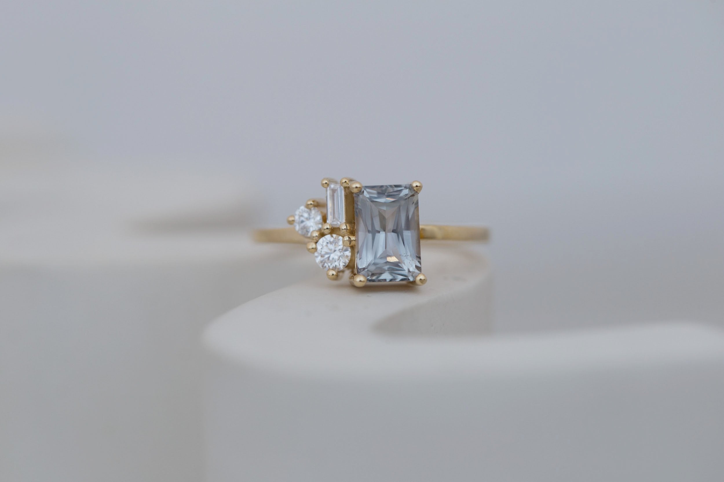 Emory Ring | Grey Sapphire + Baguette and Round Diamond Cluster Engagement Ring 1.65 ct | 14k Recycled Gold | One of a Kind