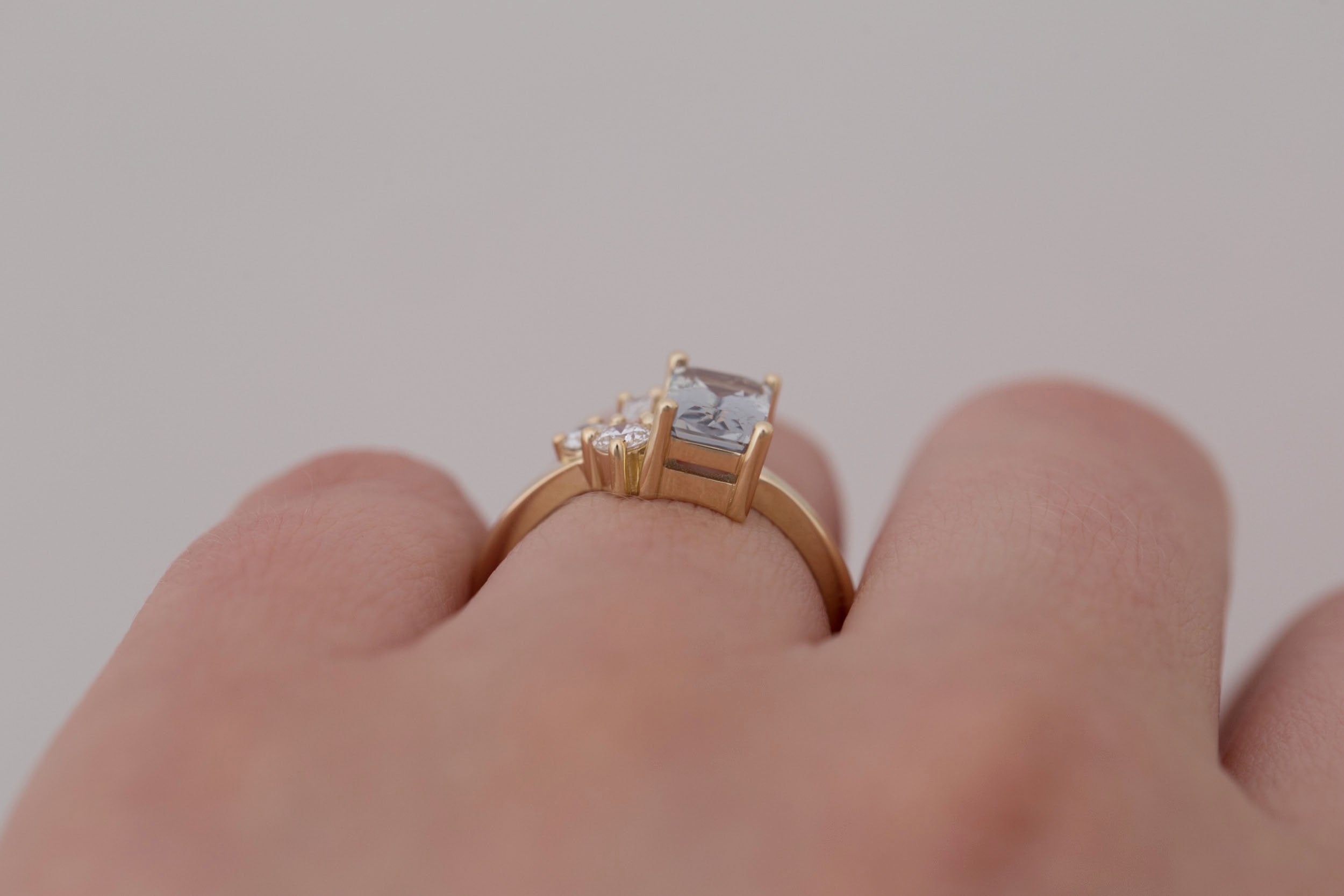 Emory Ring | Grey Sapphire + Baguette and Round Diamond Cluster Engagement Ring 1.65 ct | 14k Recycled Gold | One of a Kind