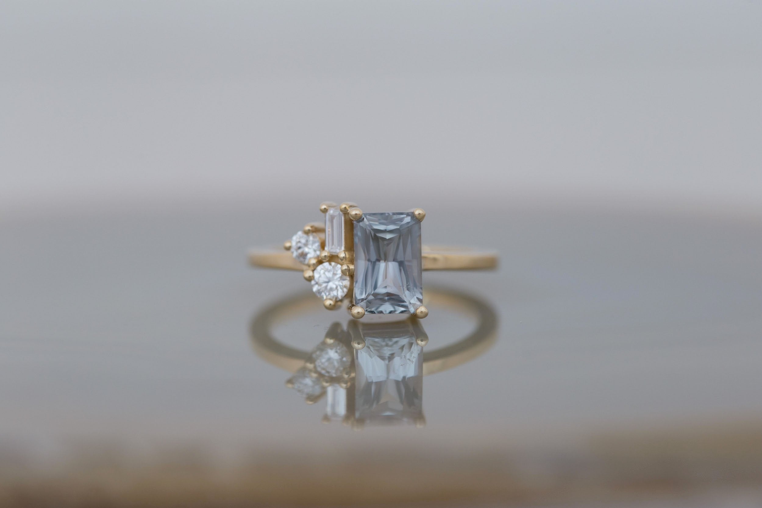 Emory Ring | Grey Sapphire + Baguette and Round Diamond Cluster Engagement Ring 1.65 ct | 14k Recycled Gold | One of a Kind