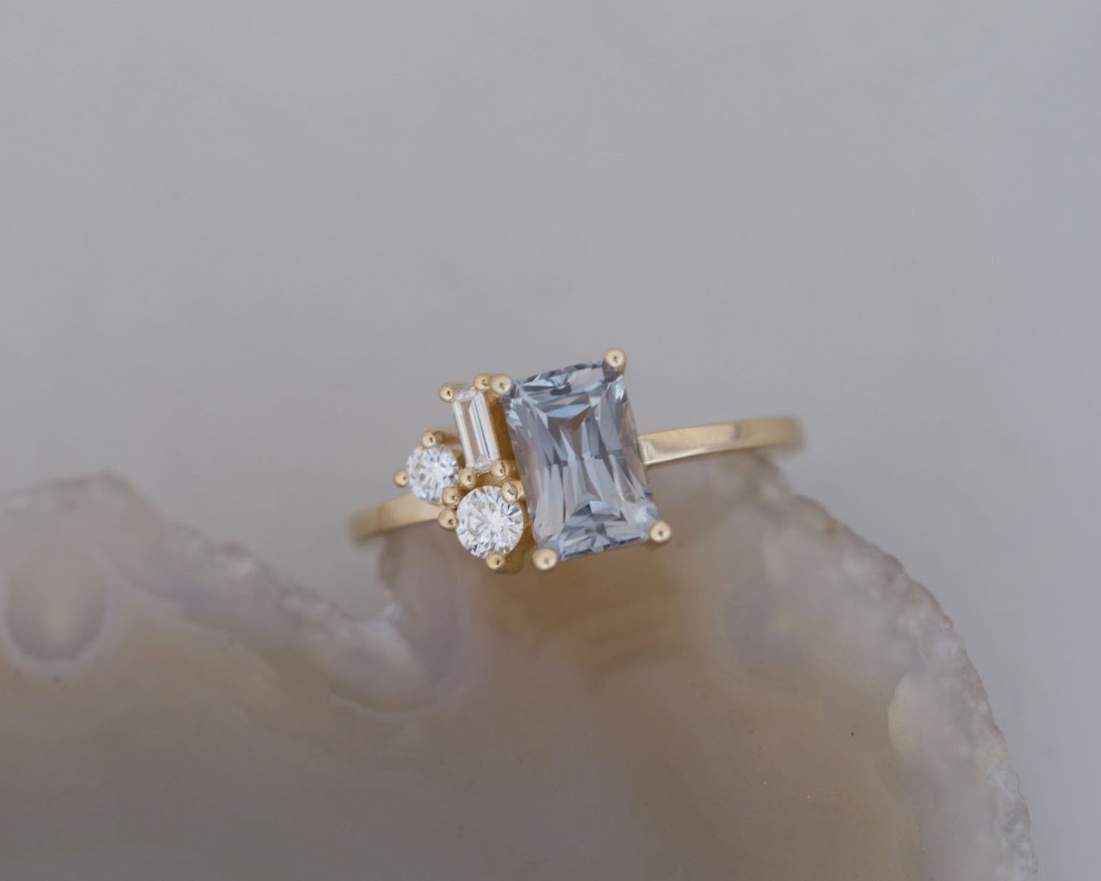 Emory Ring | Grey Sapphire + Baguette and Round Diamond Cluster Engagement Ring 1.65 ct | 14k Recycled Gold | One of a Kind