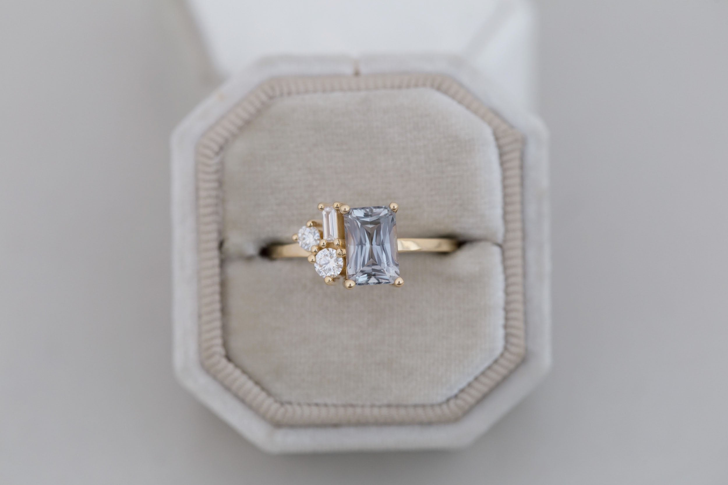 Emory Ring | Grey Sapphire + Baguette and Round Diamond Cluster Engagement Ring 1.65 ct | 14k Recycled Gold | One of a Kind