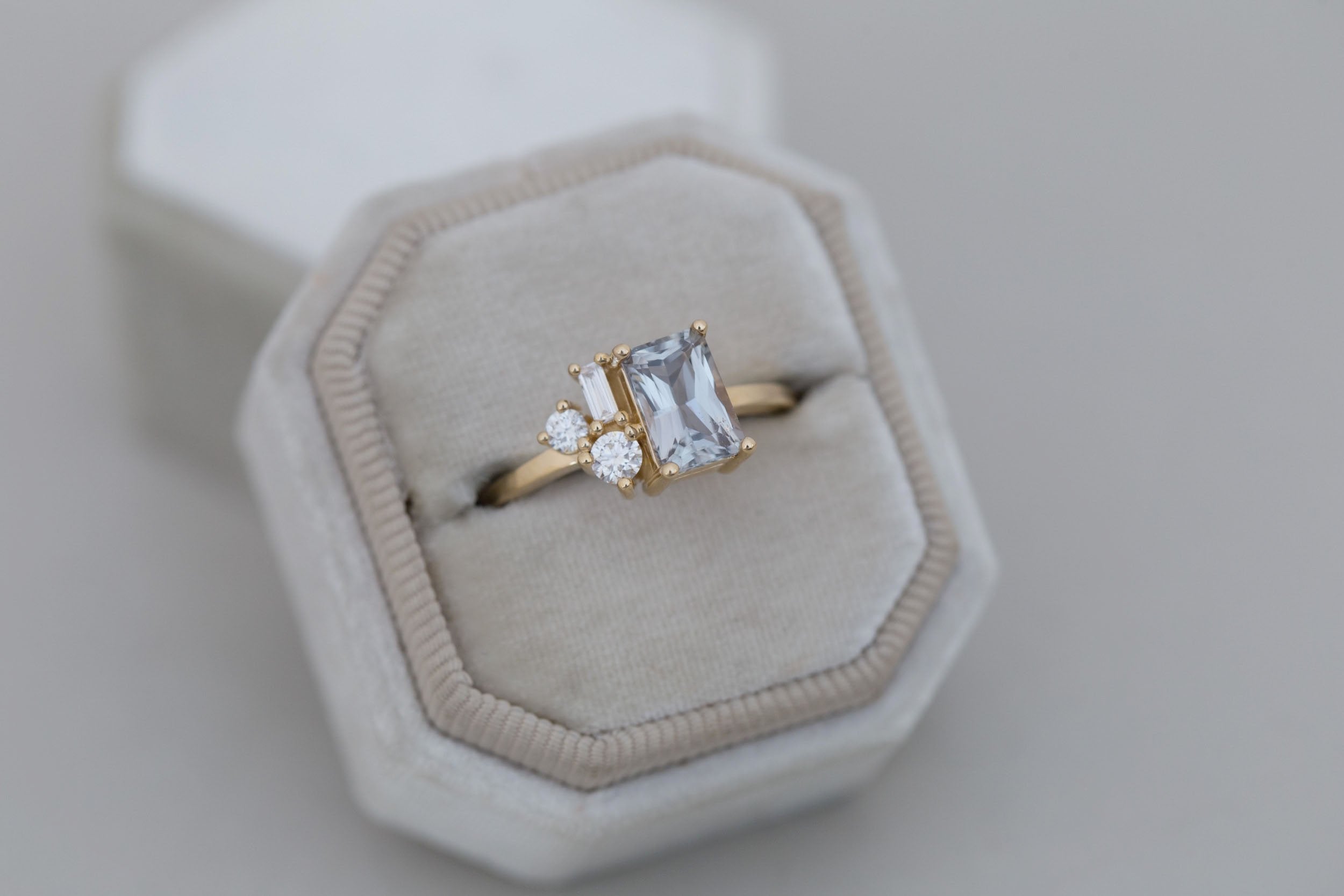 Emory Ring | Grey Sapphire + Baguette and Round Diamond Cluster Engagement Ring 1.65 ct | 14k Recycled Gold | One of a Kind