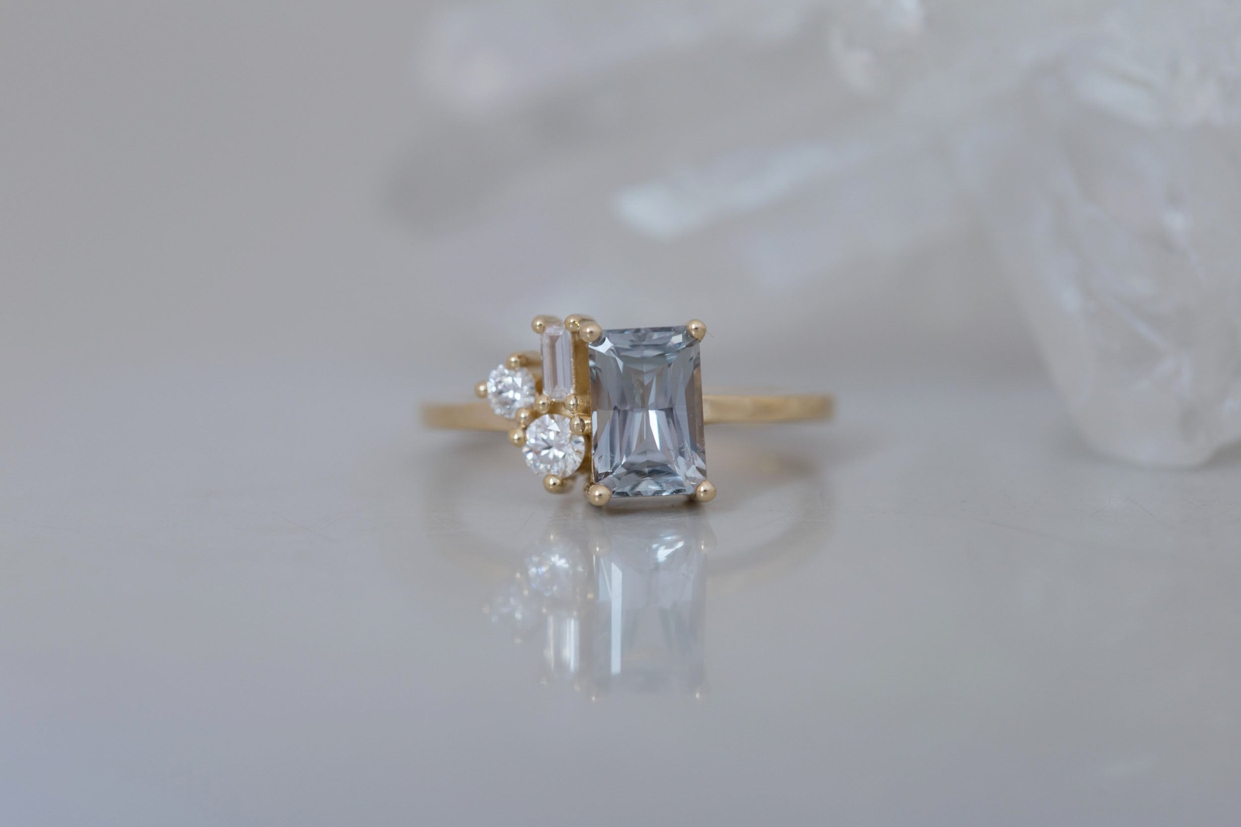 Emory Ring | Grey Sapphire + Baguette and Round Diamond Cluster Engagement Ring 1.65 ct | 14k Recycled Gold | One of a Kind
