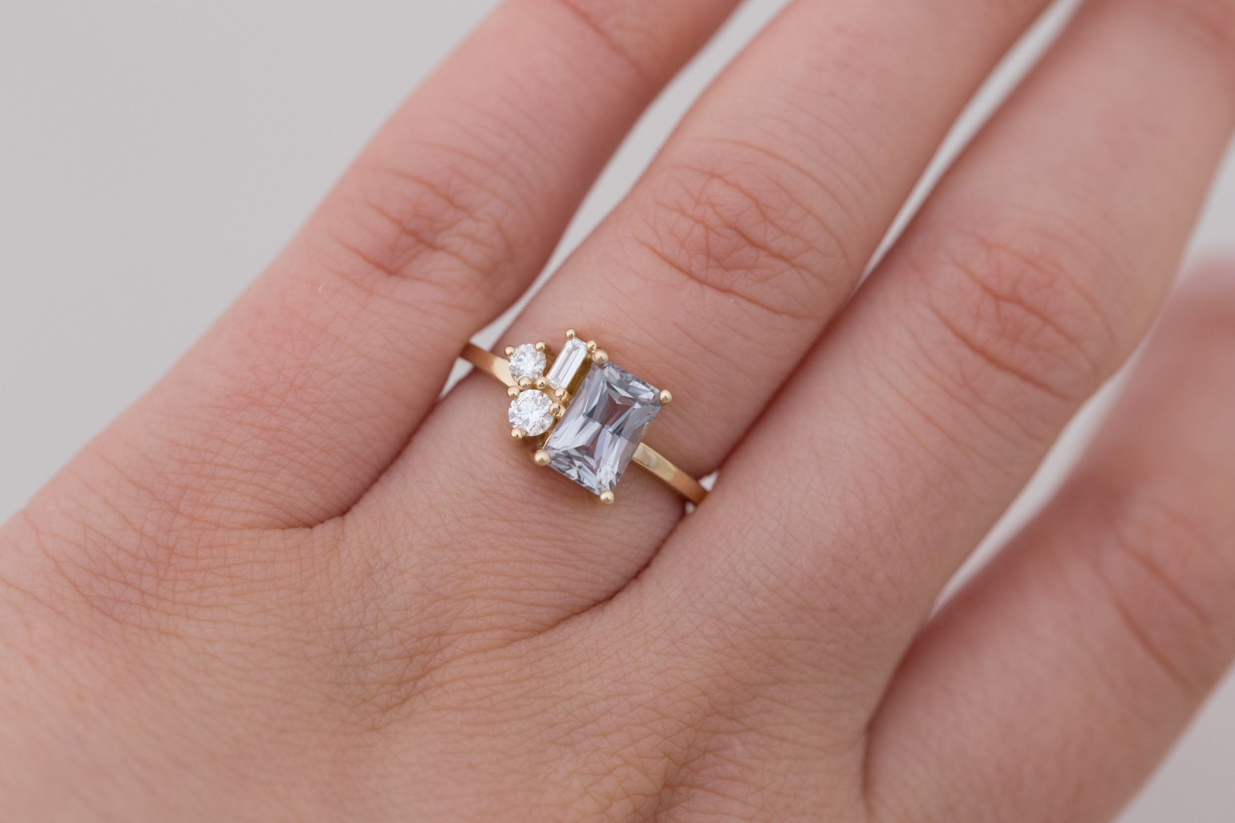 Emory Ring | Grey Sapphire + Baguette and Round Diamond Cluster Engagement Ring 1.65 ct | 14k Recycled Gold | One of a Kind