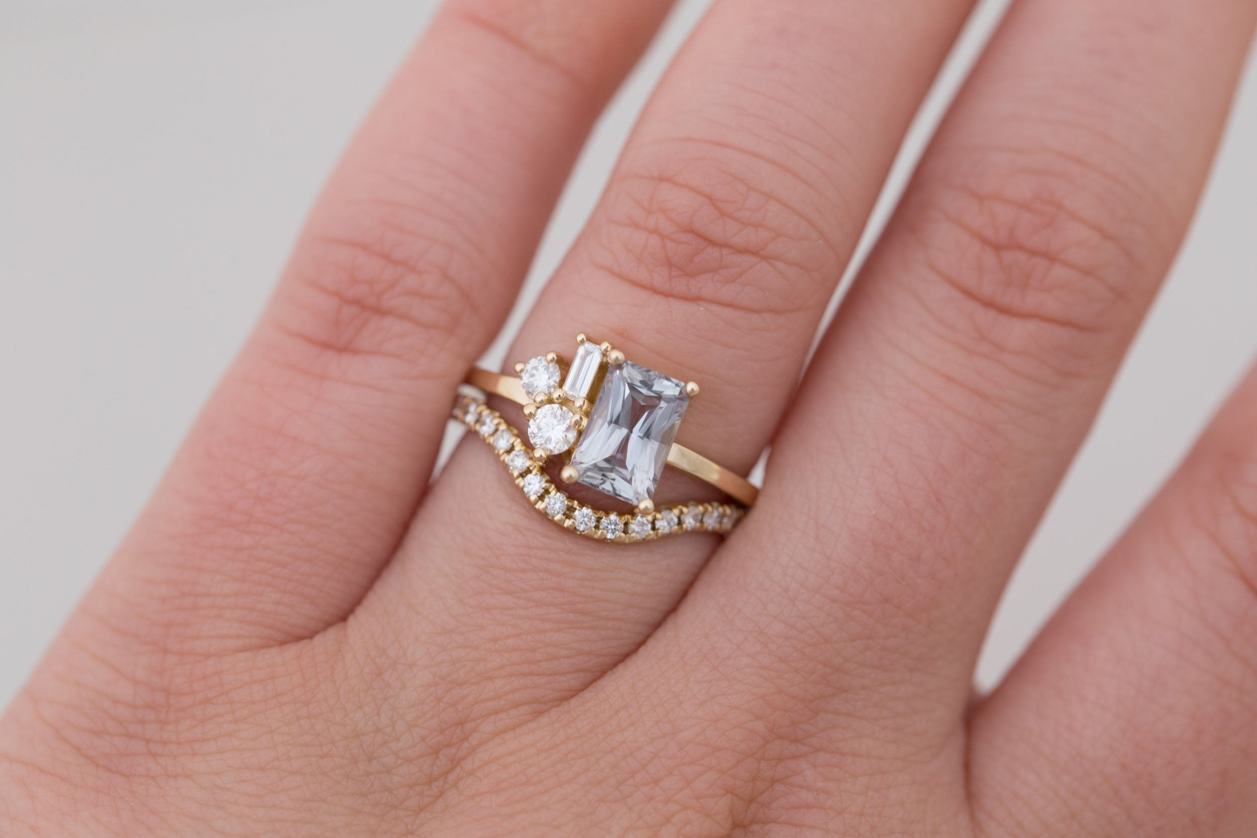 Emory Ring | Grey Sapphire + Baguette and Round Diamond Cluster Engagement Ring 1.65 ct | 14k Recycled Gold | One of a Kind