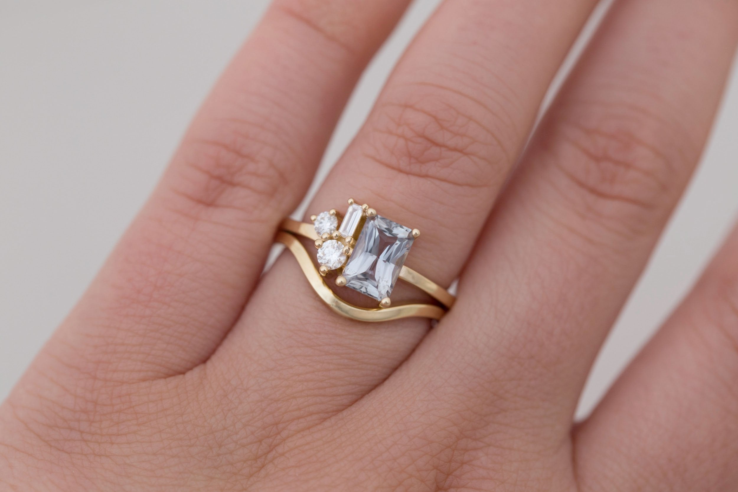 Emory Ring | Grey Sapphire + Baguette and Round Diamond Cluster Engagement Ring 1.65 ct | 14k Recycled Gold | One of a Kind